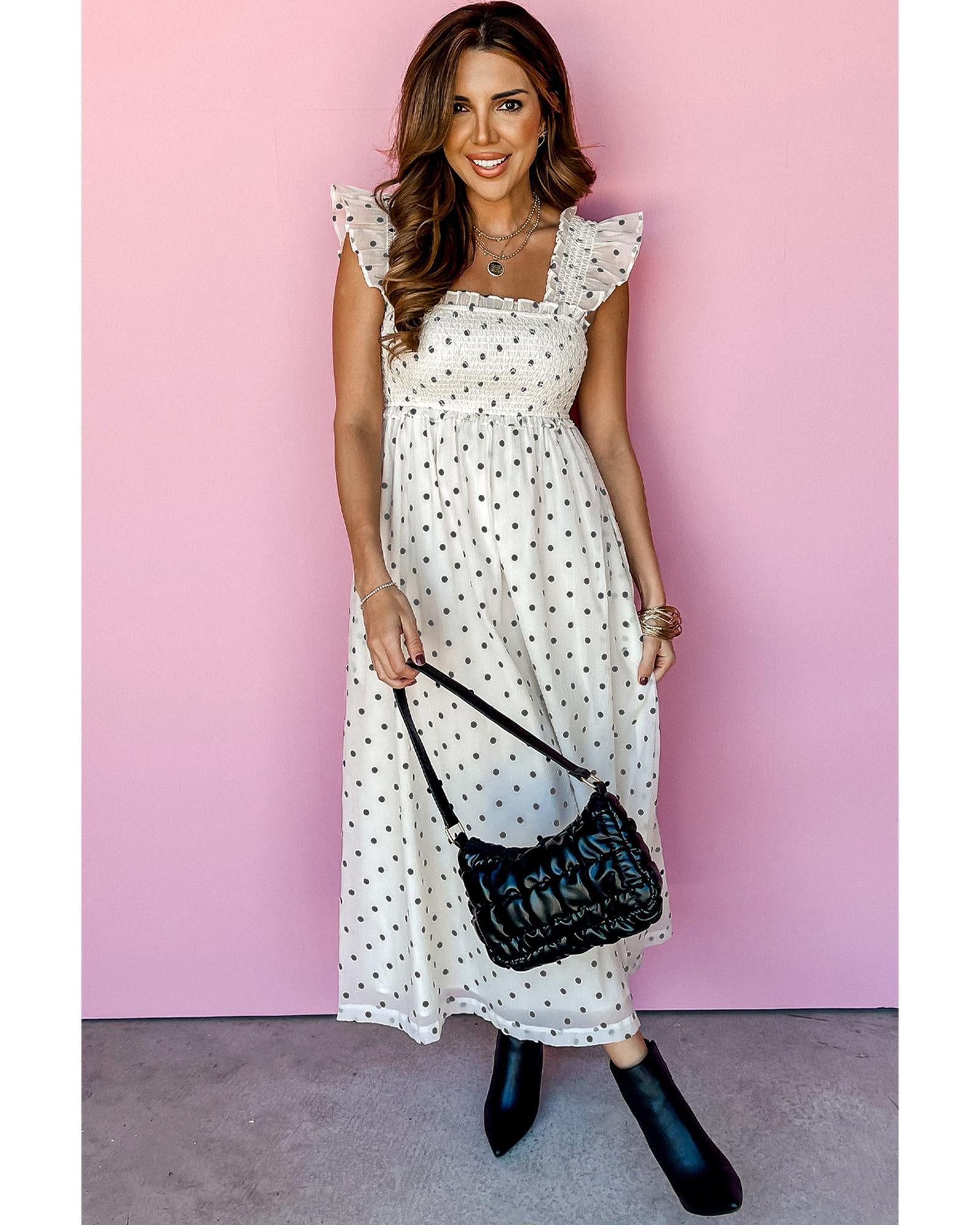 White Polka Dot Flutter Sleeve Square Neck Smocked Maxi Dress - XL