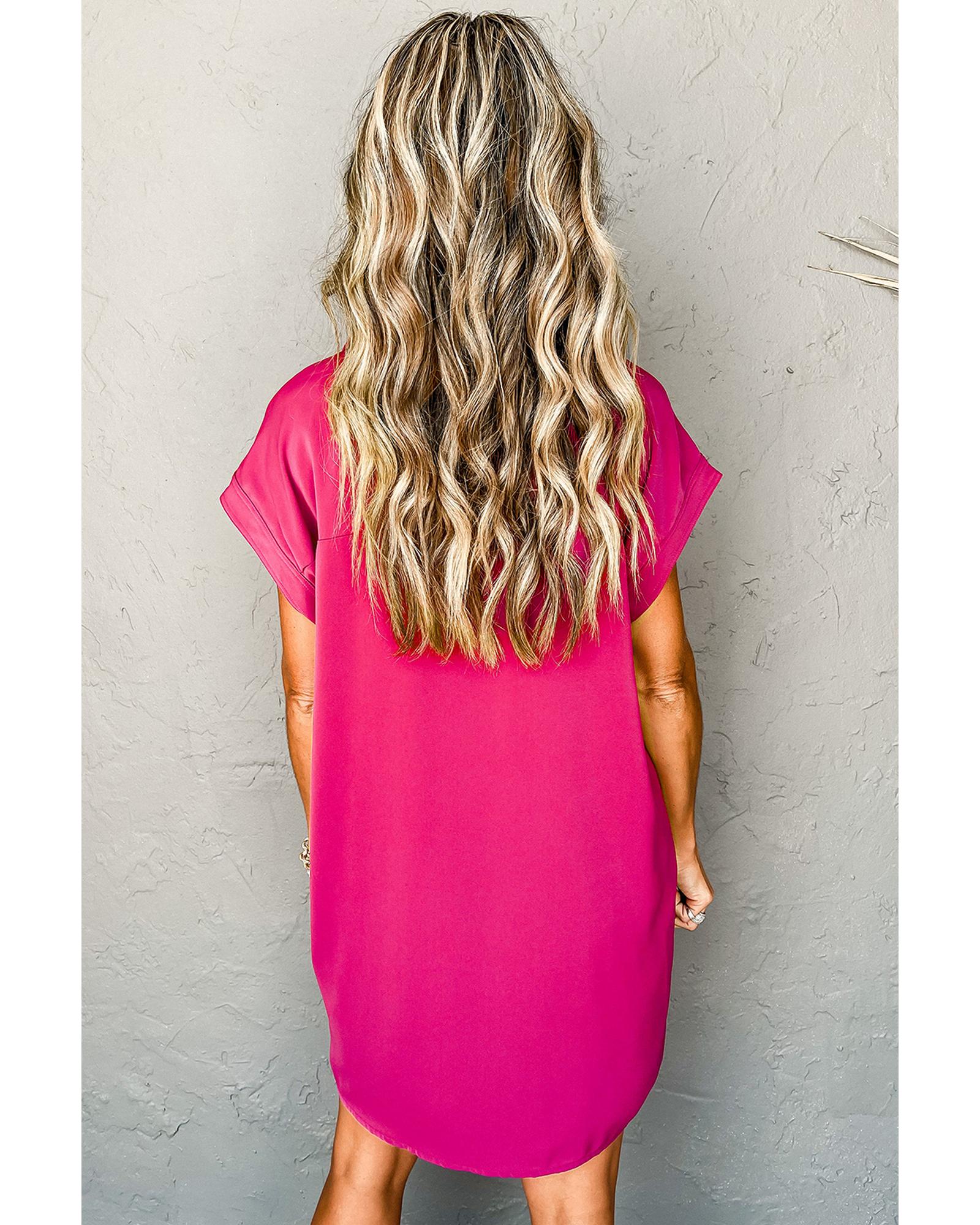 Rose Red Buttoned Collar Shift T-shirt Mini Dress - M
