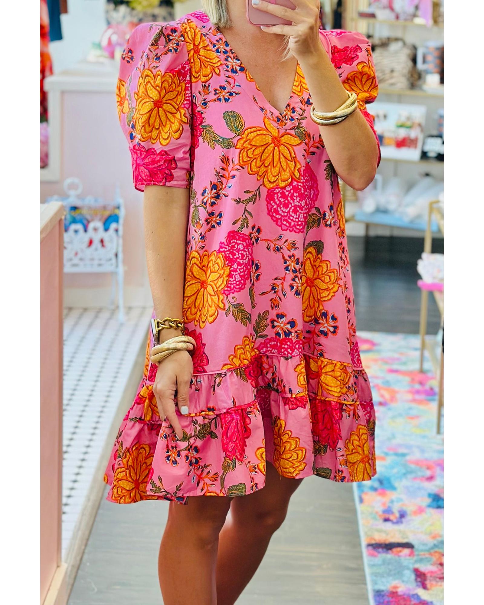 Pink Floral Bubble Sleeve V Neck Ruffled Mini Dress - XL