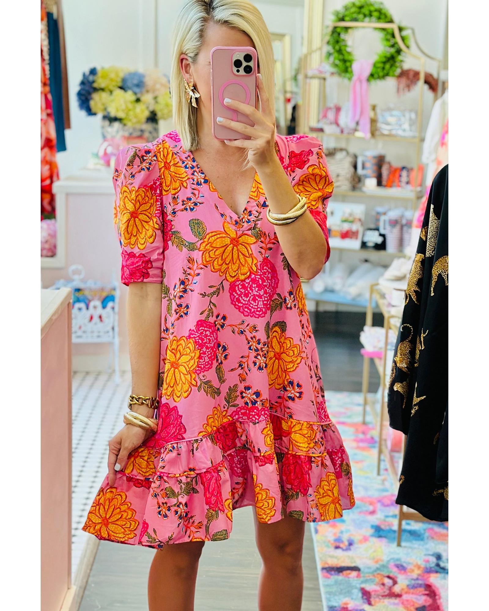 Pink Floral Bubble Sleeve V Neck Ruffled Mini Dress - XL