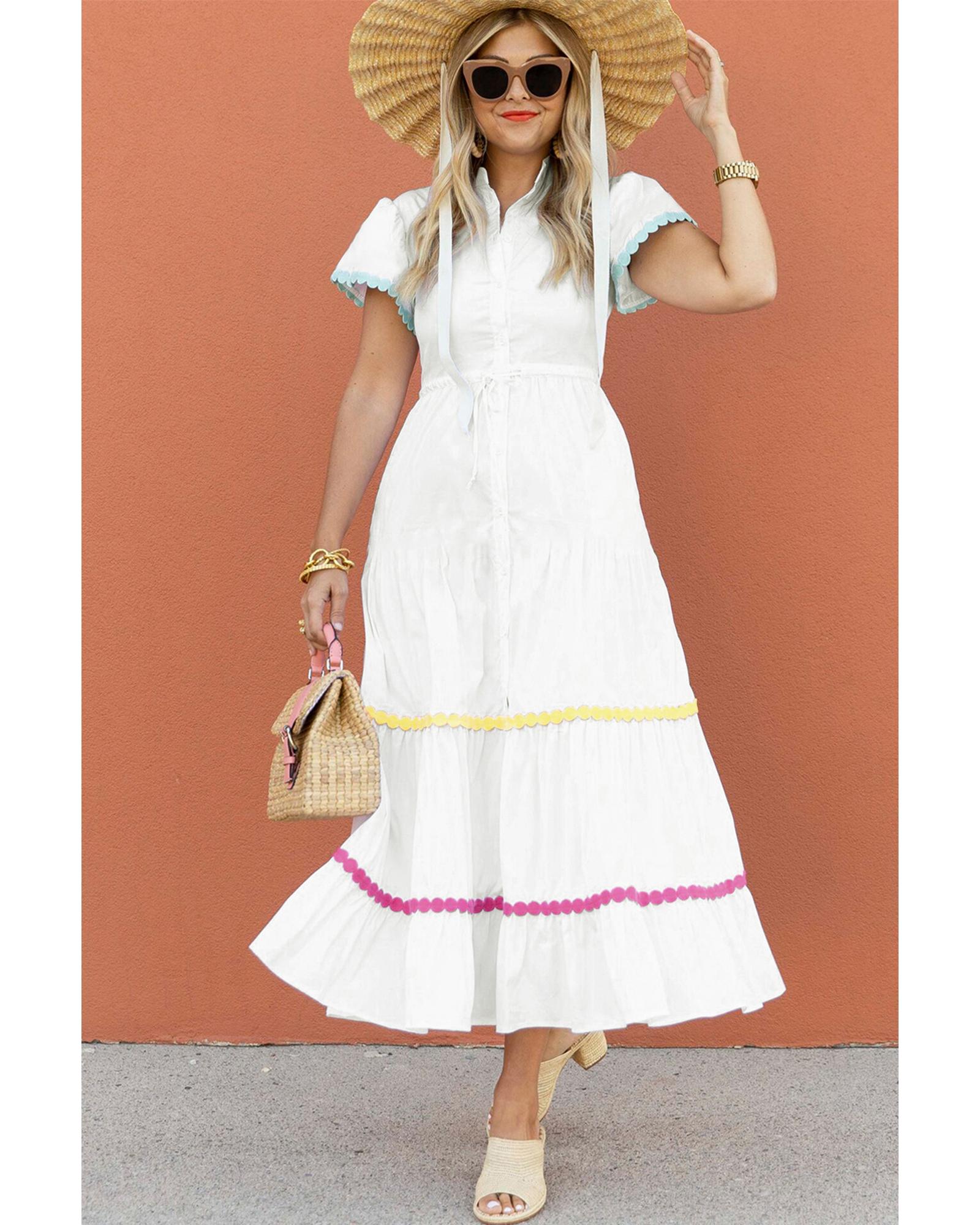 White Colorblock Rickrack Trim Short Sleeve Drawstring Waist Long Dress - S