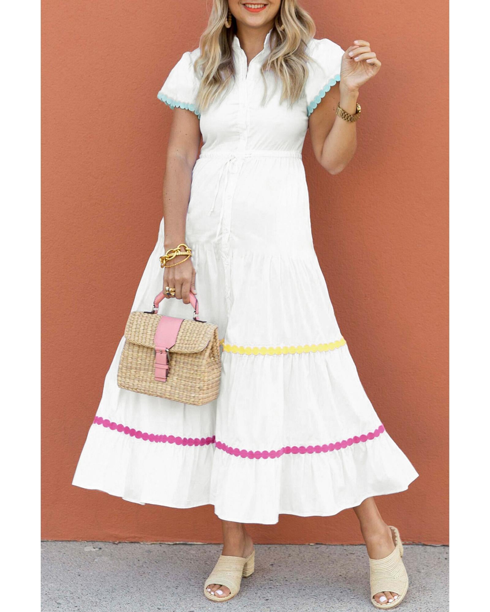 White Colorblock Rickrack Trim Short Sleeve Drawstring Waist Long Dress - XL
