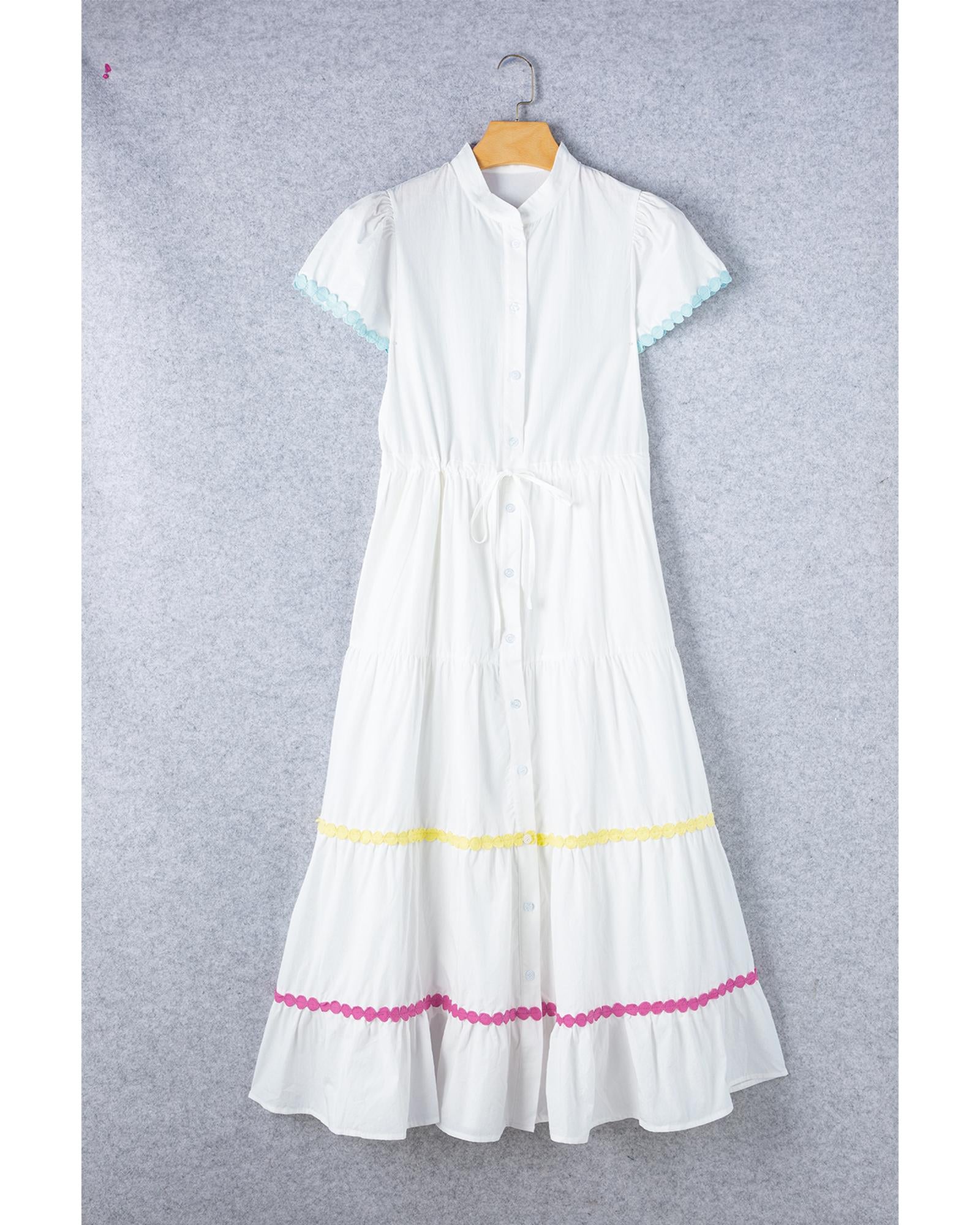 White Colorblock Rickrack Trim Short Sleeve Drawstring Waist Long Dress - XL