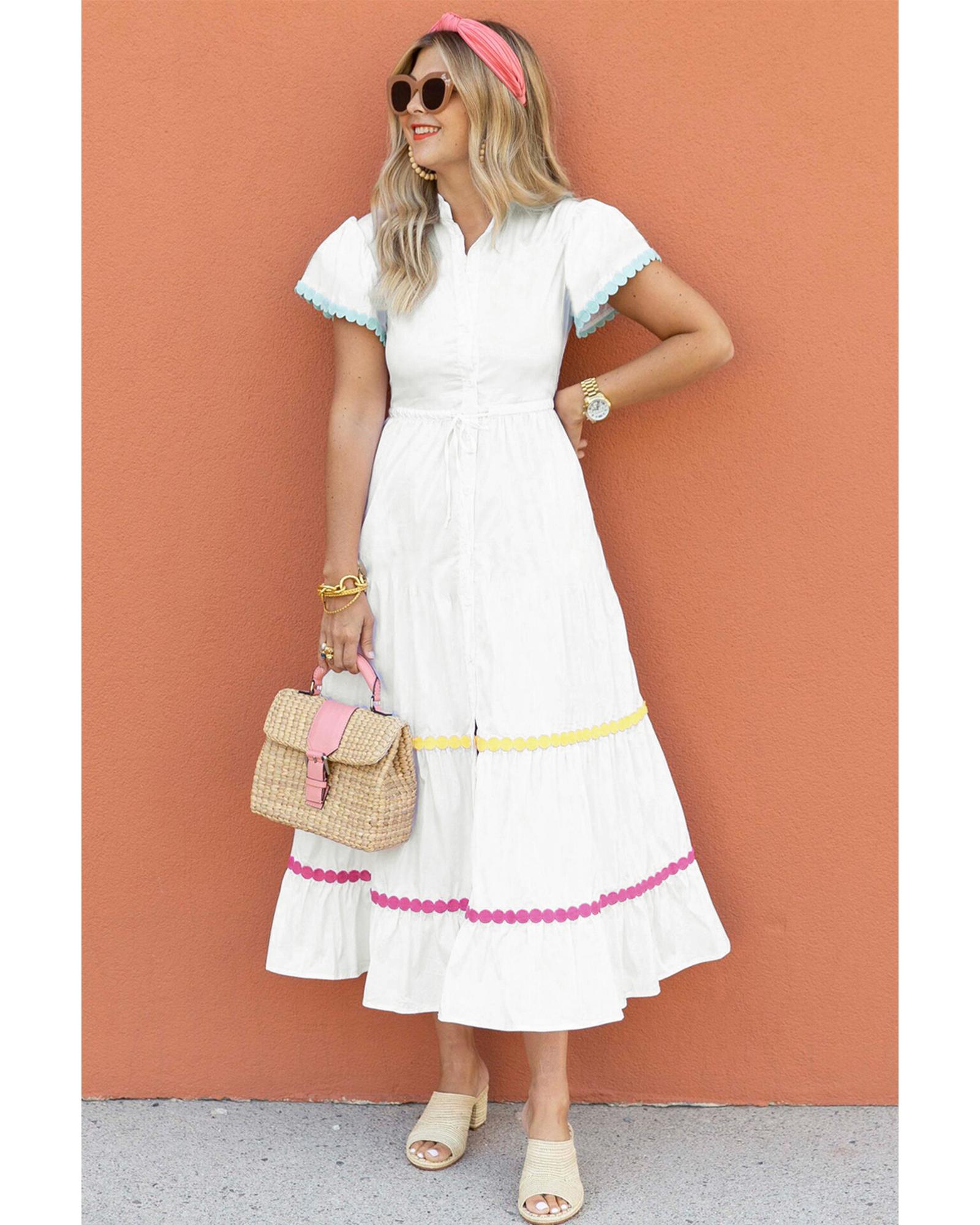 White Colorblock Rickrack Trim Short Sleeve Drawstring Waist Long Dress - XL