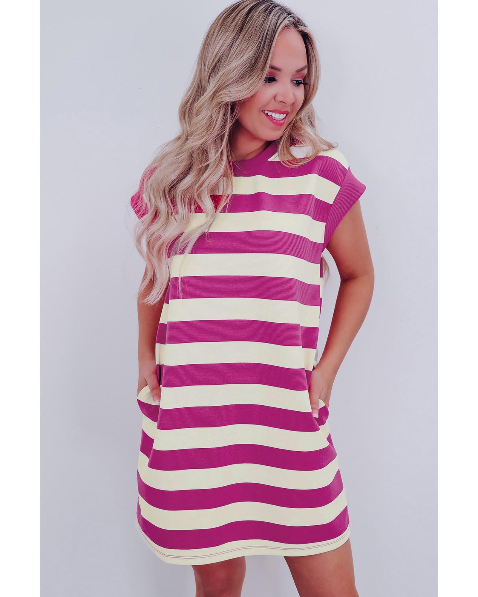 Rose Stripe Cap Sleeve Pocketed Shift T-shirt Dress - M