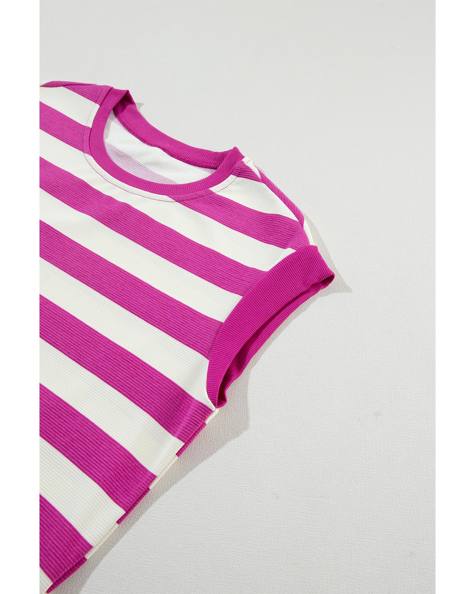 Rose Stripe Cap Sleeve Pocketed Shift T-shirt Dress - M
