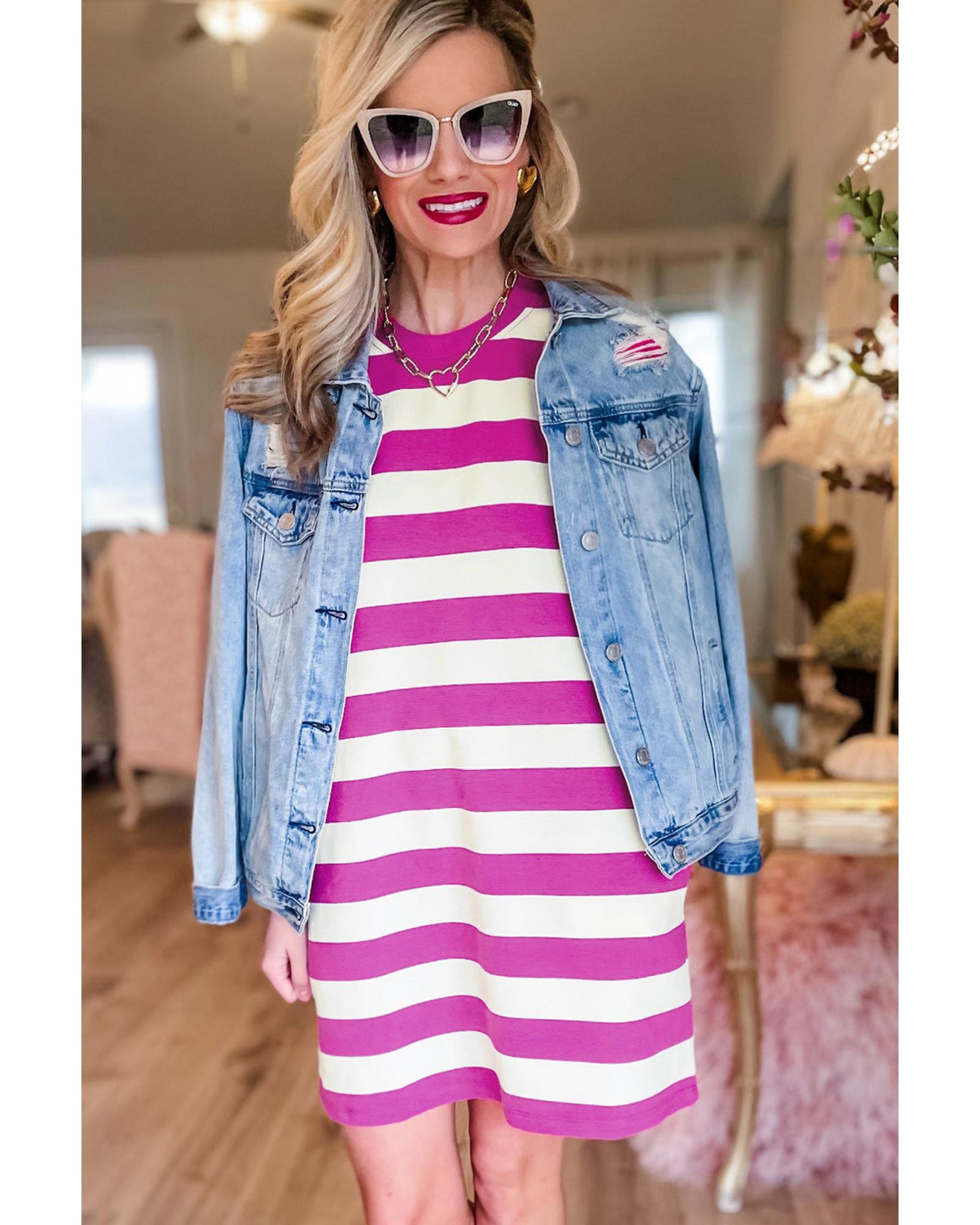 Rose Stripe Cap Sleeve Pocketed Shift T-shirt Dress - M