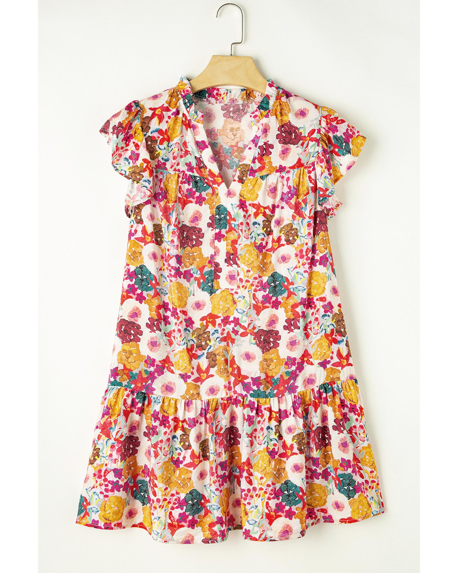 Purple Floral Print Split Neck Flutter Sleeve Dress - L