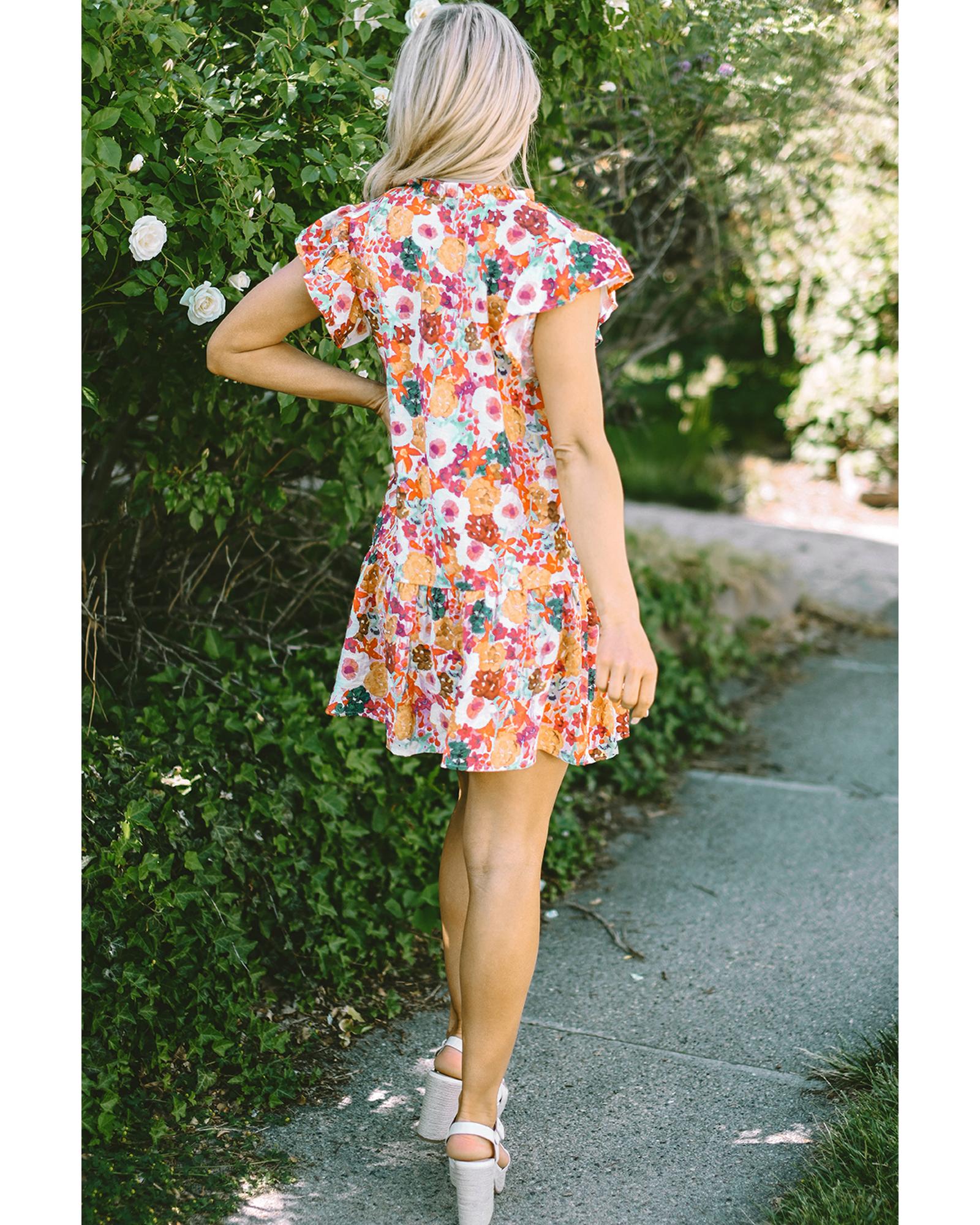 Purple Floral Print Split Neck Flutter Sleeve Dress - M