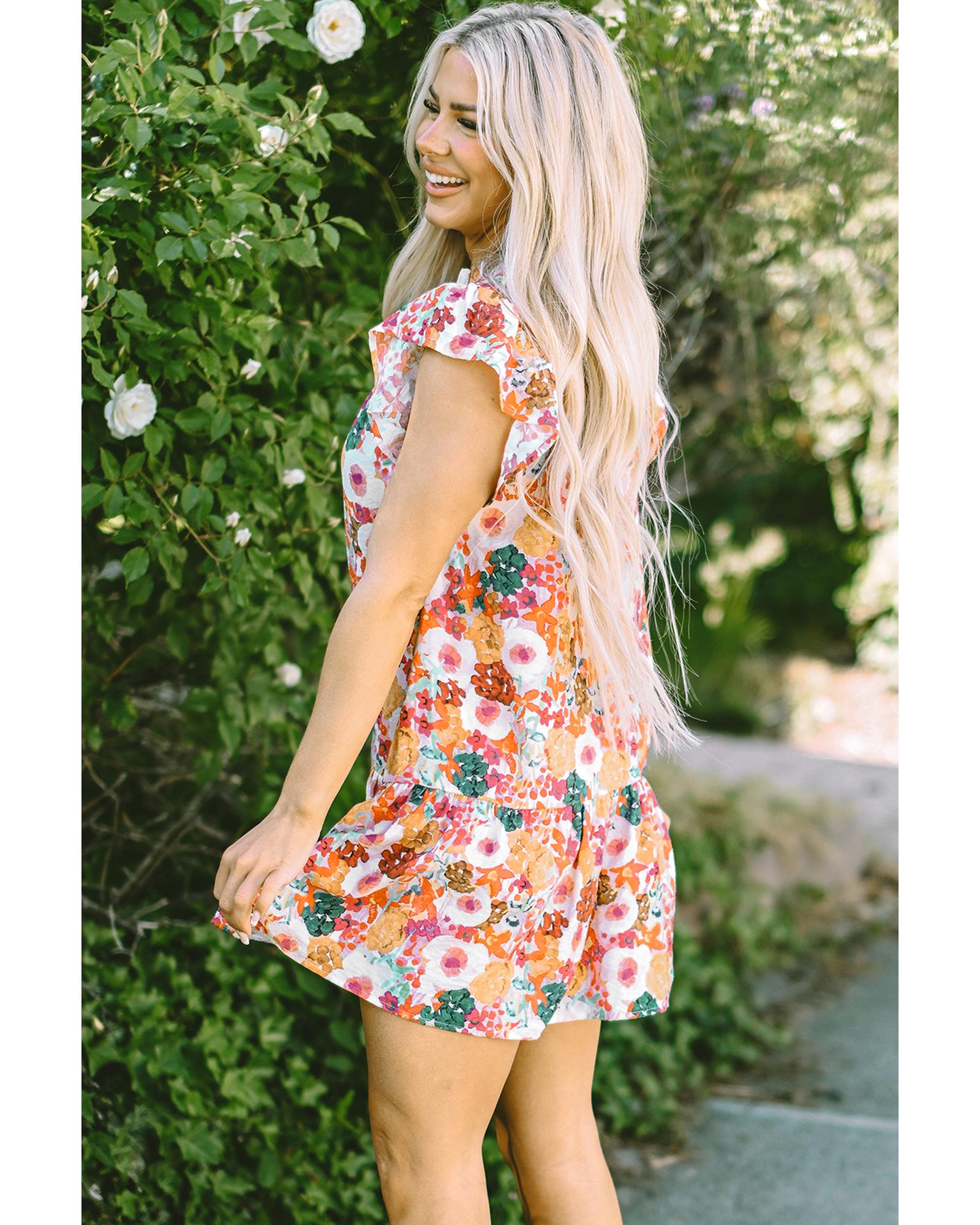 Purple Floral Print Split Neck Flutter Sleeve Dress - M
