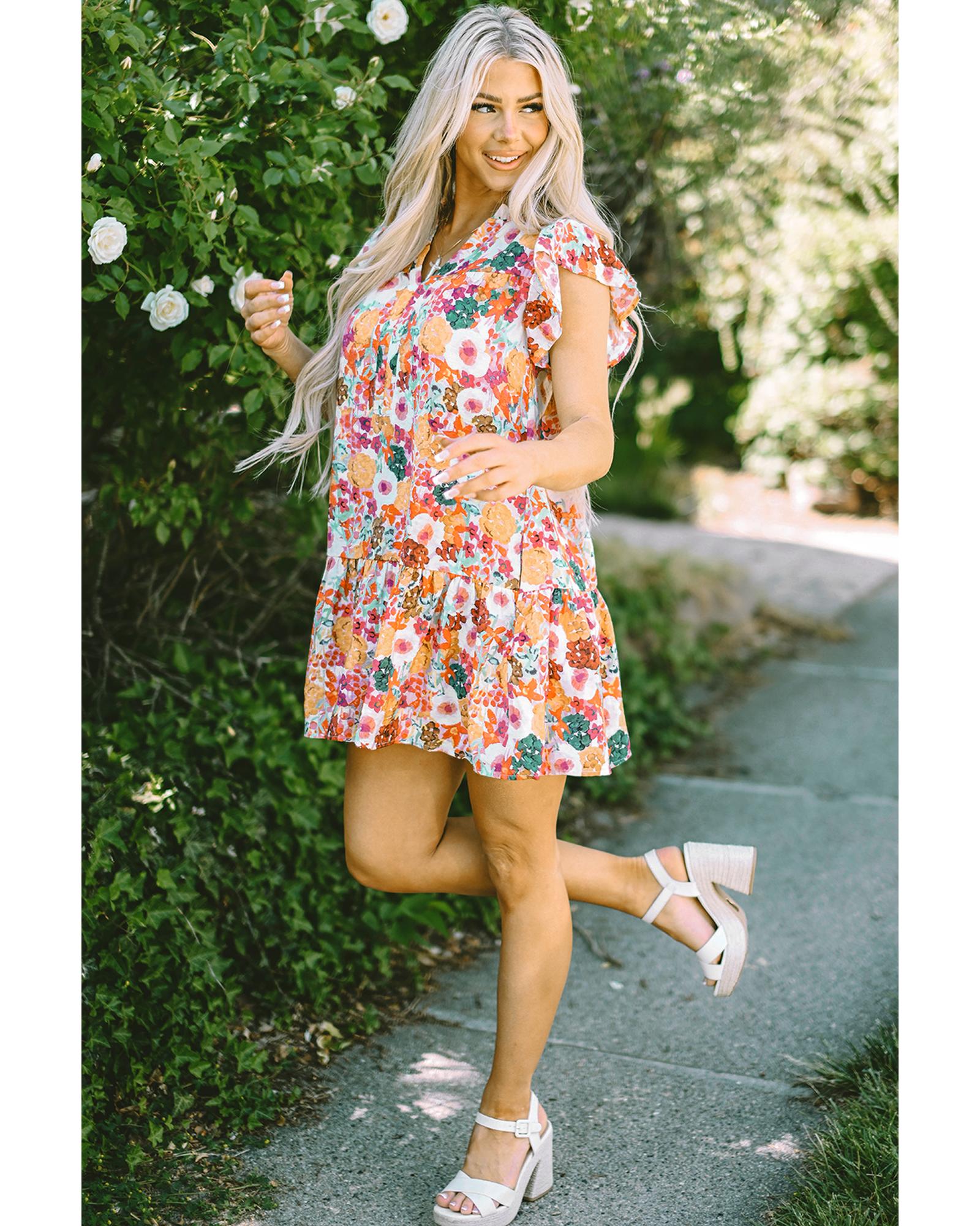Purple Floral Print Split Neck Flutter Sleeve Dress - M