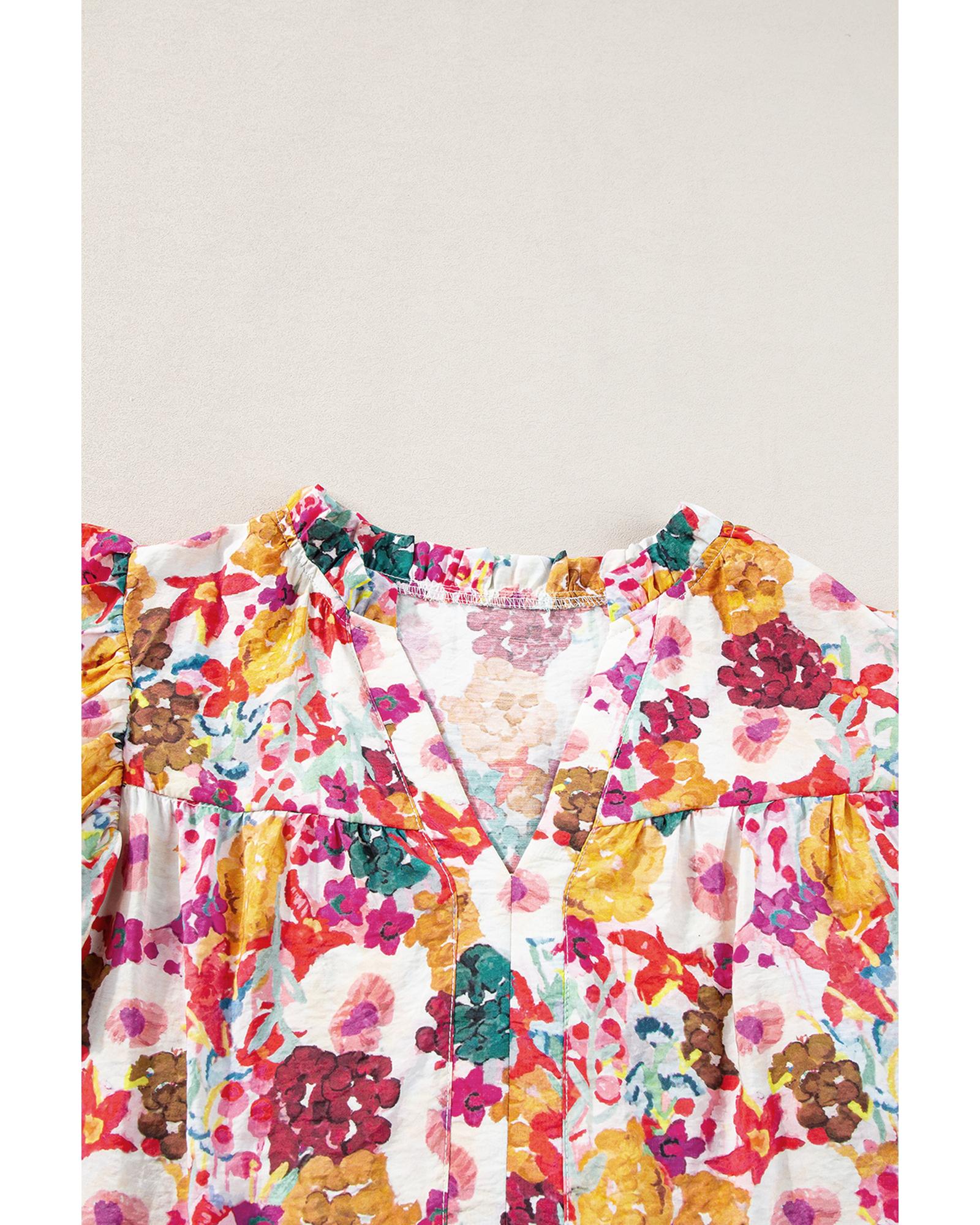Purple Floral Print Split Neck Flutter Sleeve Dress - M