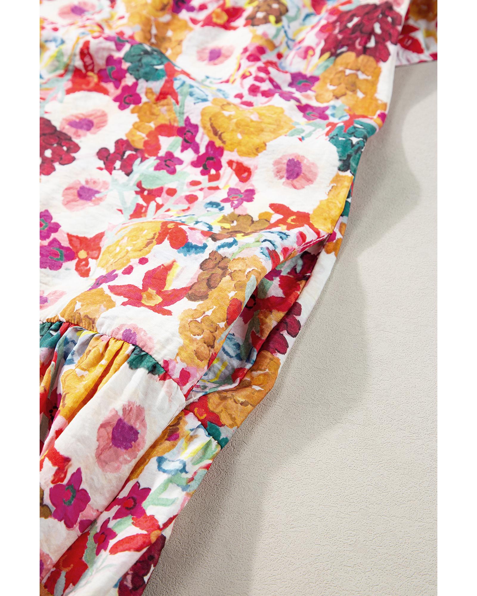 Purple Floral Print Split Neck Flutter Sleeve Dress - M