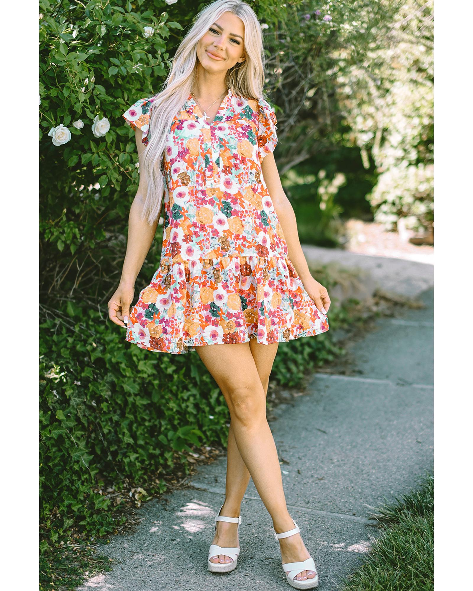 Purple Floral Print Split Neck Flutter Sleeve Dress - S