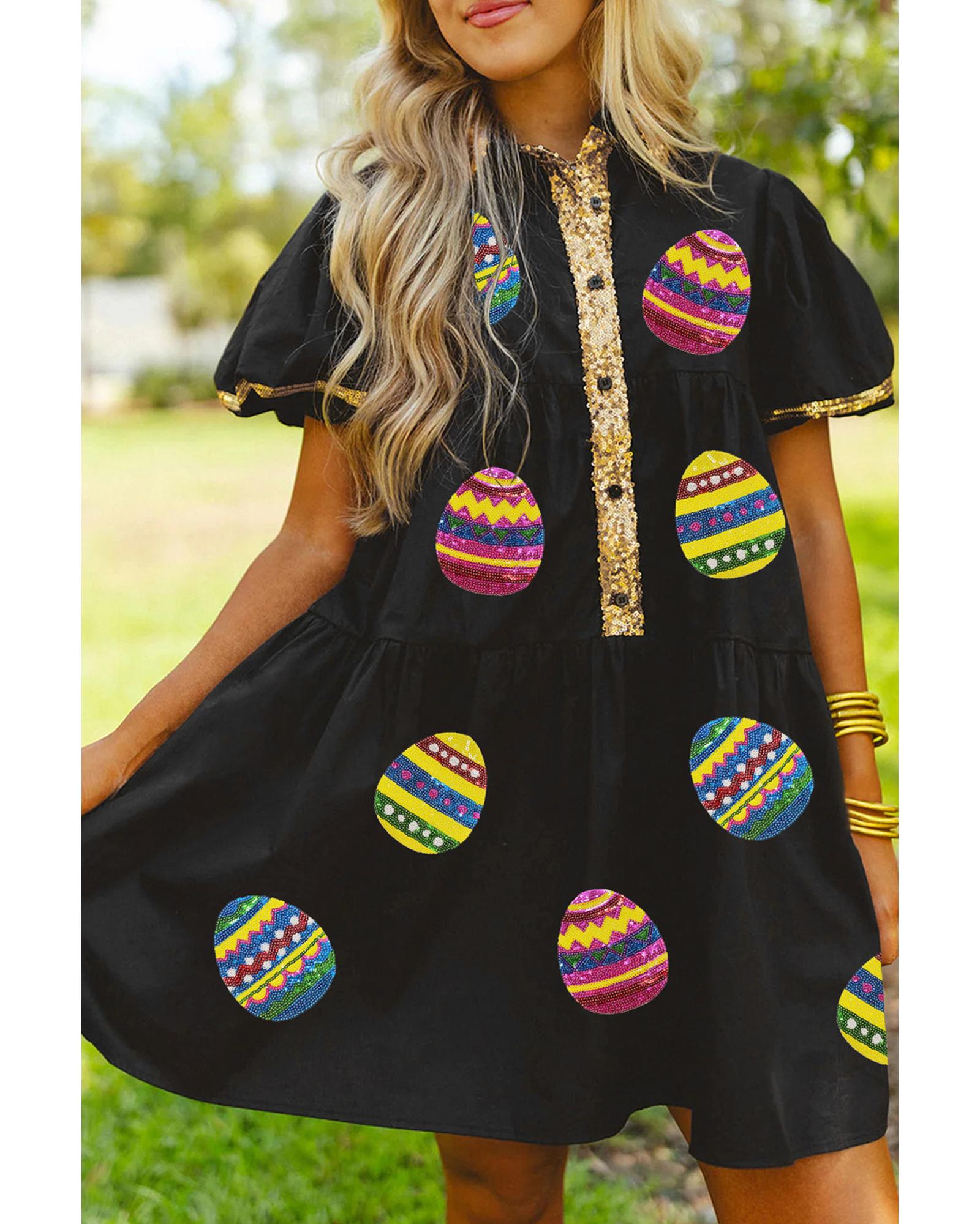 Black Glistening Easter Egg Sequin Trim Half Button Puff Sleeve Dress - L
