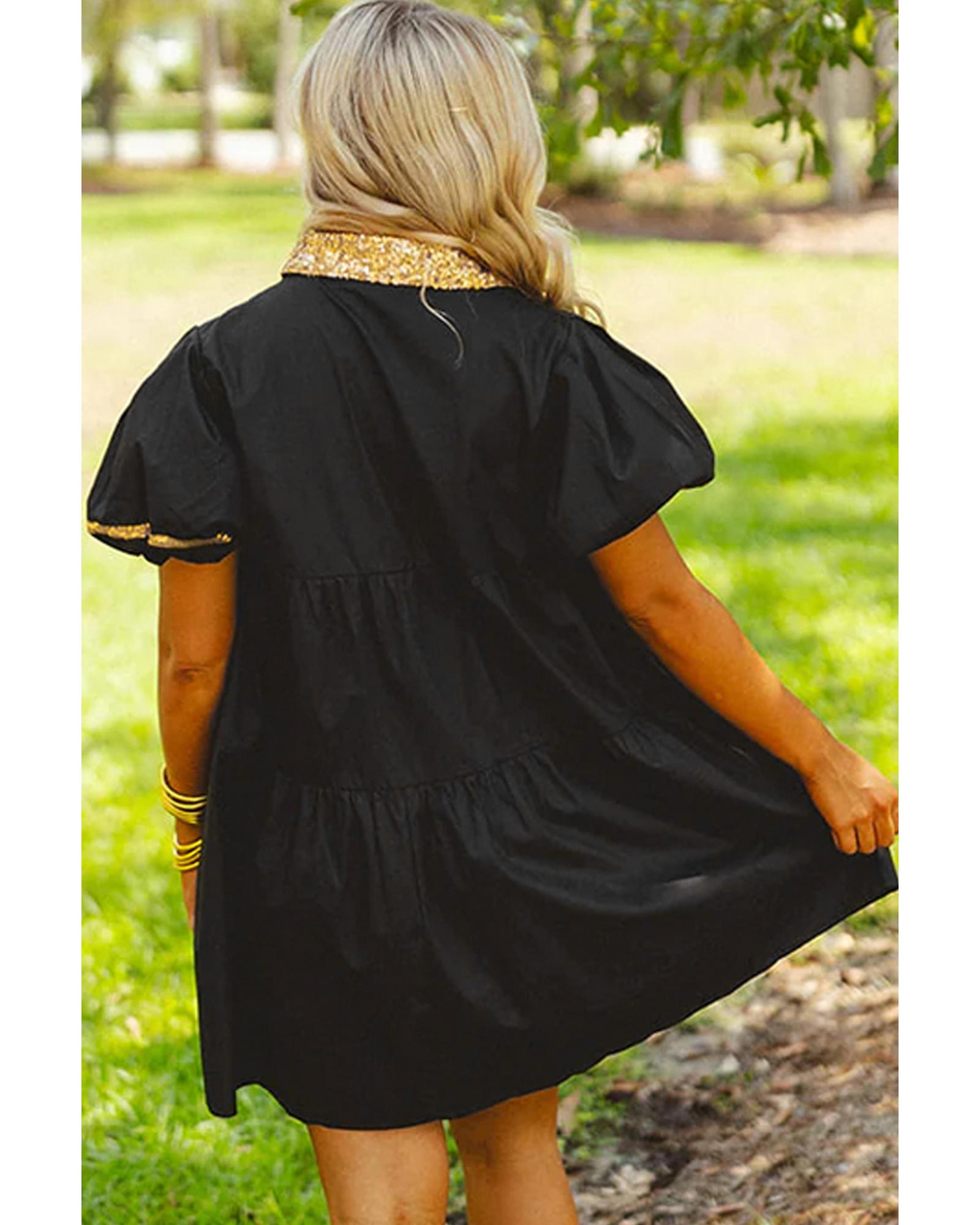 Black Glistening Easter Egg Sequin Trim Half Button Puff Sleeve Dress - M
