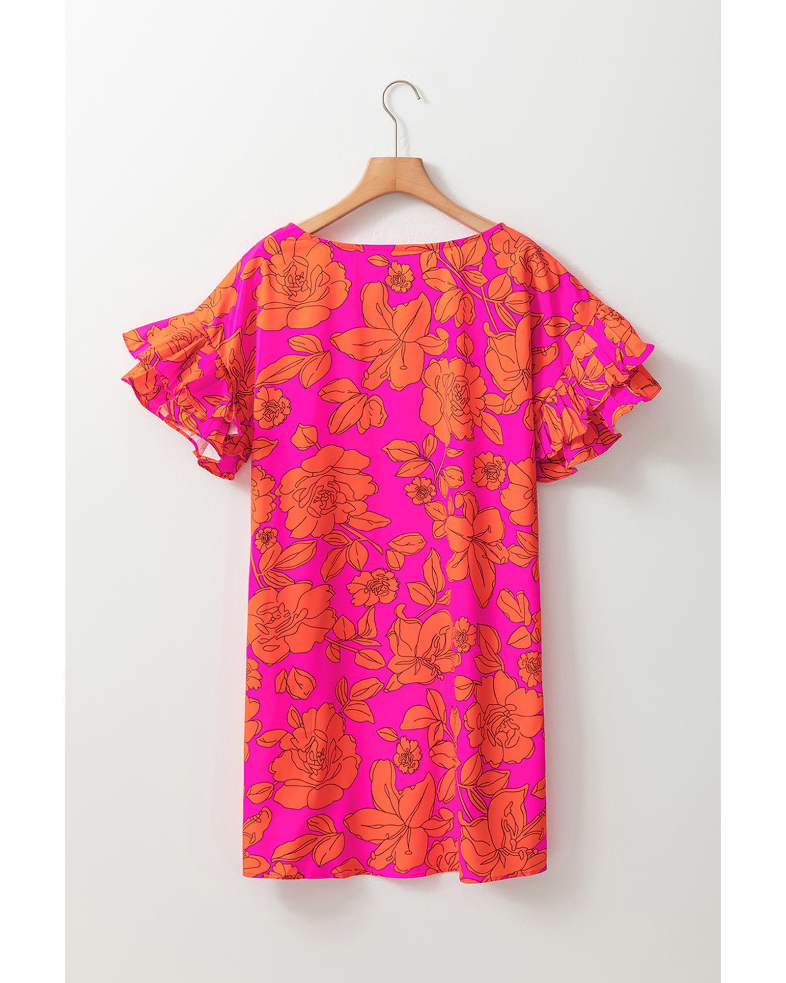 Pink Voluminous Ruffled Sleeve Floral Dress - L