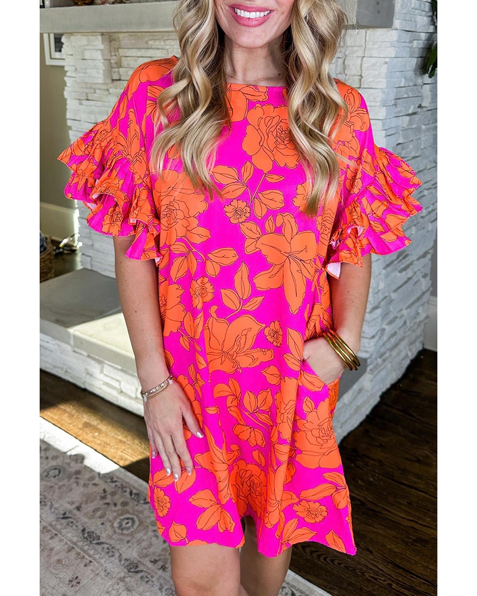 Pink Voluminous Ruffled Sleeve Floral Dress - S