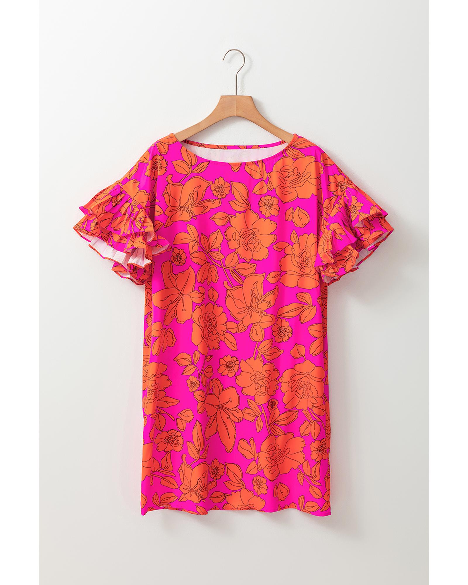 Pink Voluminous Ruffled Sleeve Floral Dress - S