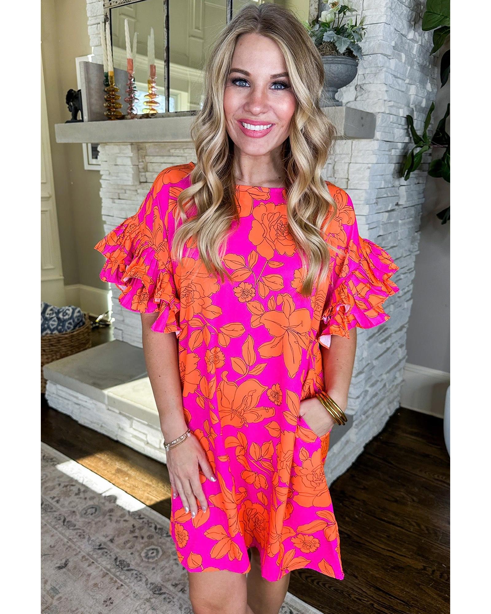 Pink Voluminous Ruffled Sleeve Floral Dress - XL