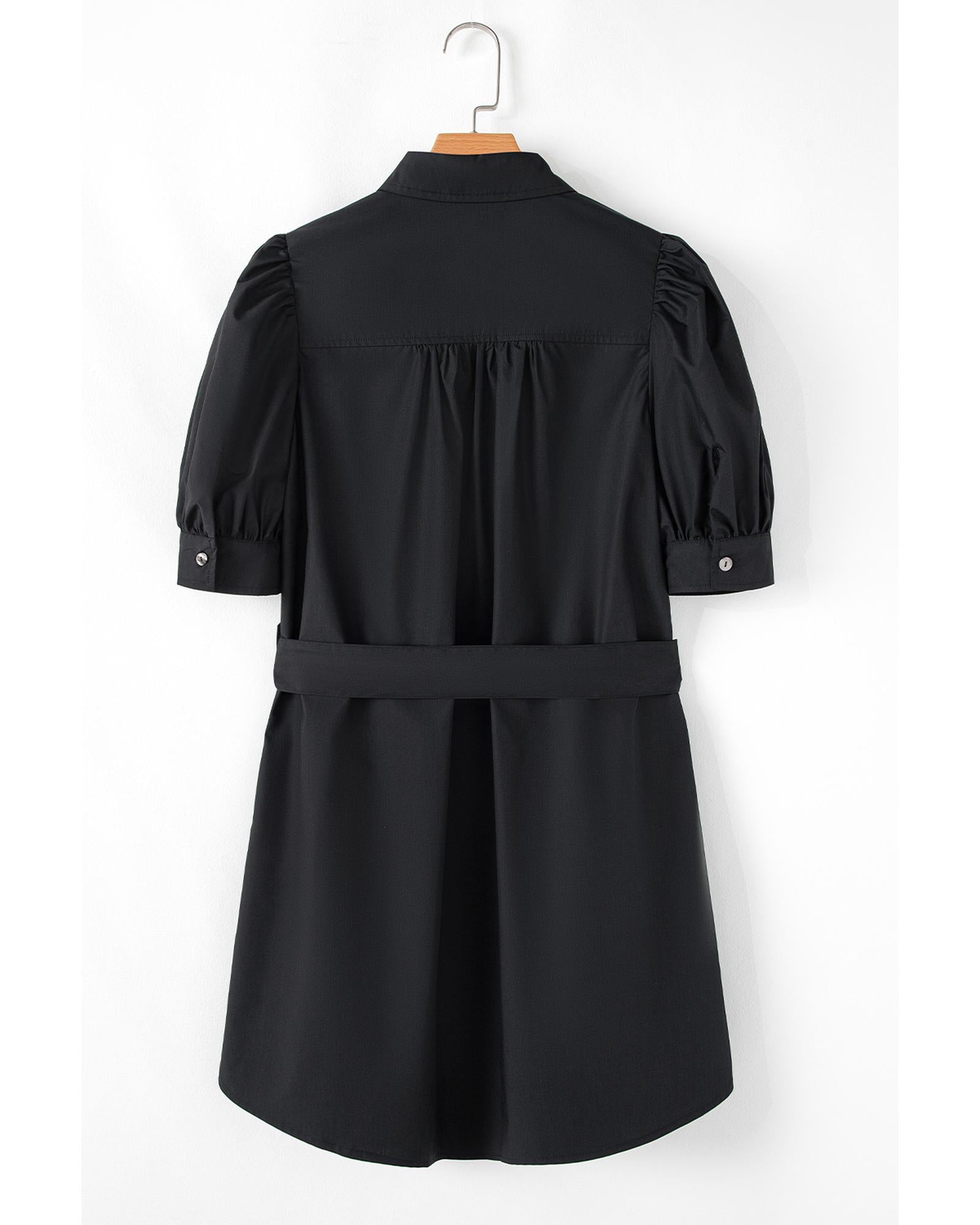Black Button Up Tie Waist Puff Sleeve Mini Dress - 2XL
