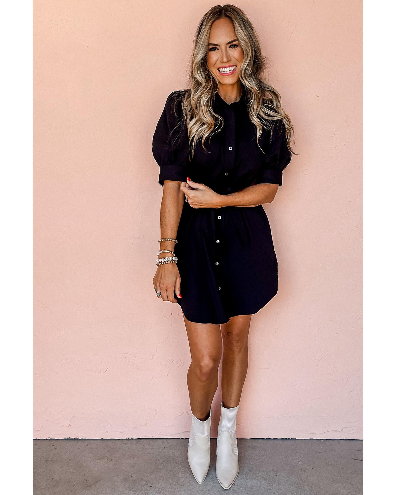 Black Button Up Tie Waist Puff Sleeve Mini Dress - M