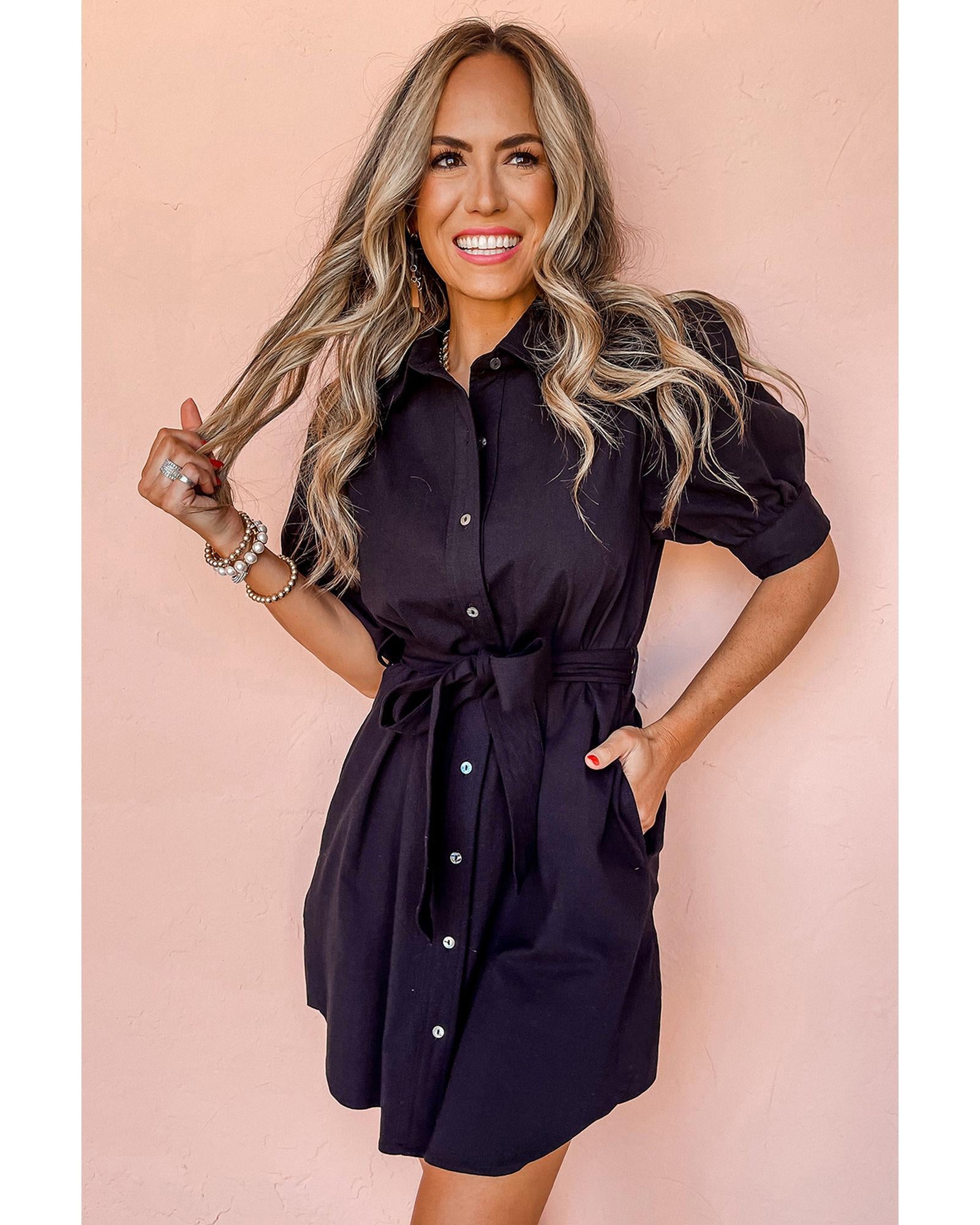 Black Button Up Tie Waist Puff Sleeve Mini Dress - M