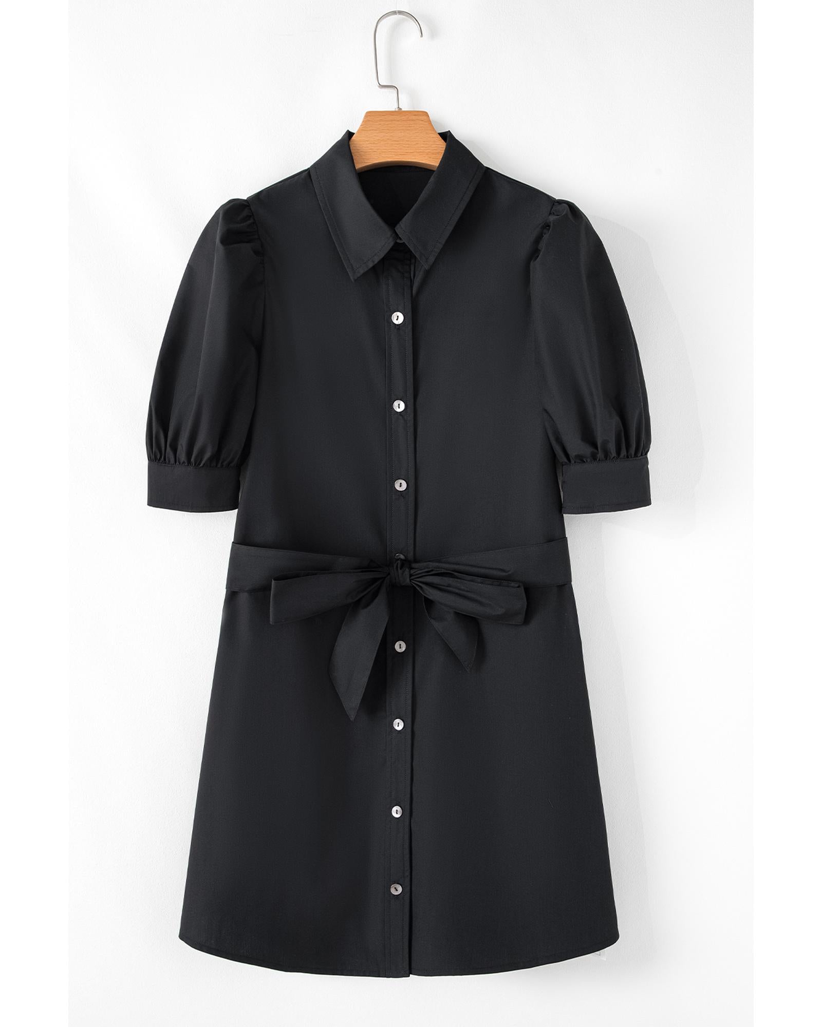 Black Button Up Tie Waist Puff Sleeve Mini Dress - M