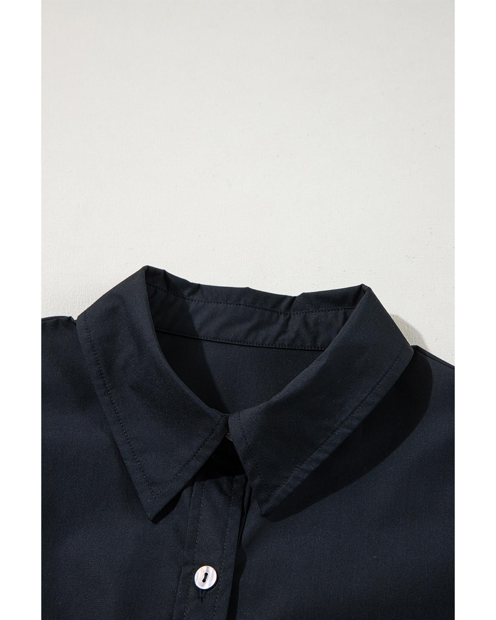 Black Button Up Tie Waist Puff Sleeve Mini Dress - M