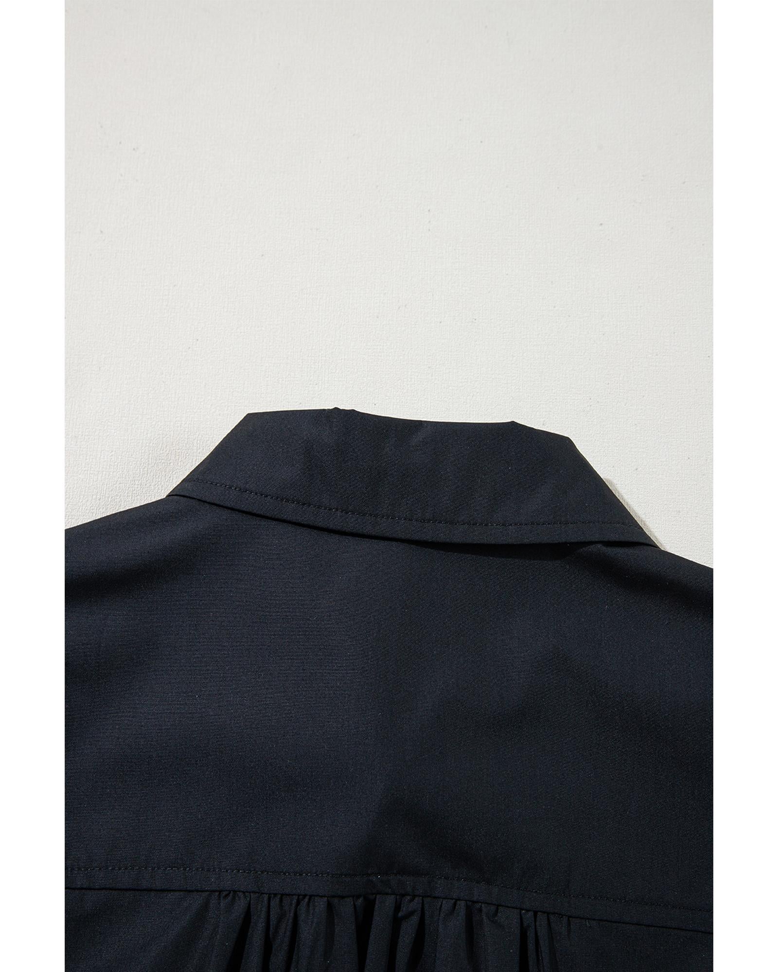 Black Button Up Tie Waist Puff Sleeve Mini Dress - M
