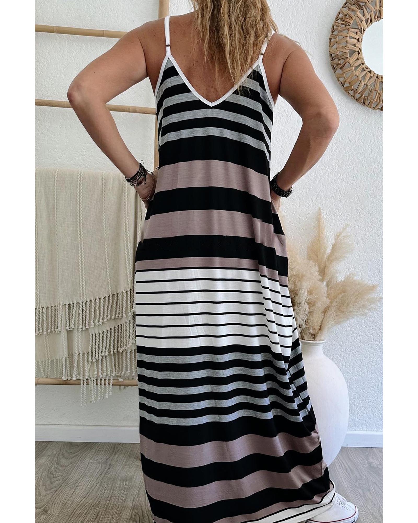 Multicolour Mixed Stripes Spaghetti Straps V Neck Maxi Dress - L