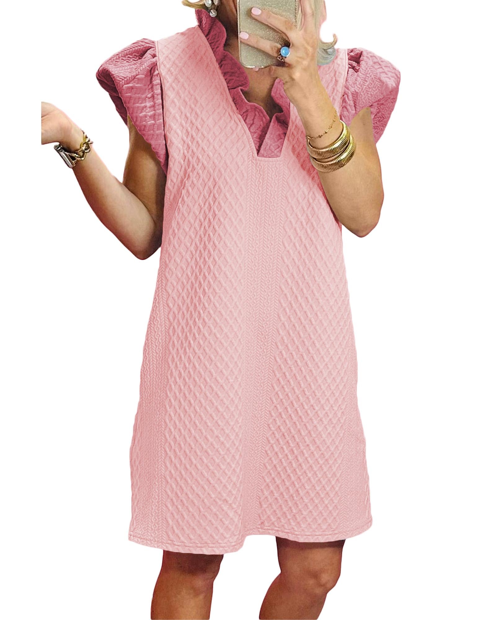 Light Pink Textured Puff Sleeve Ruffled V Neck Shift Mini Dress - S