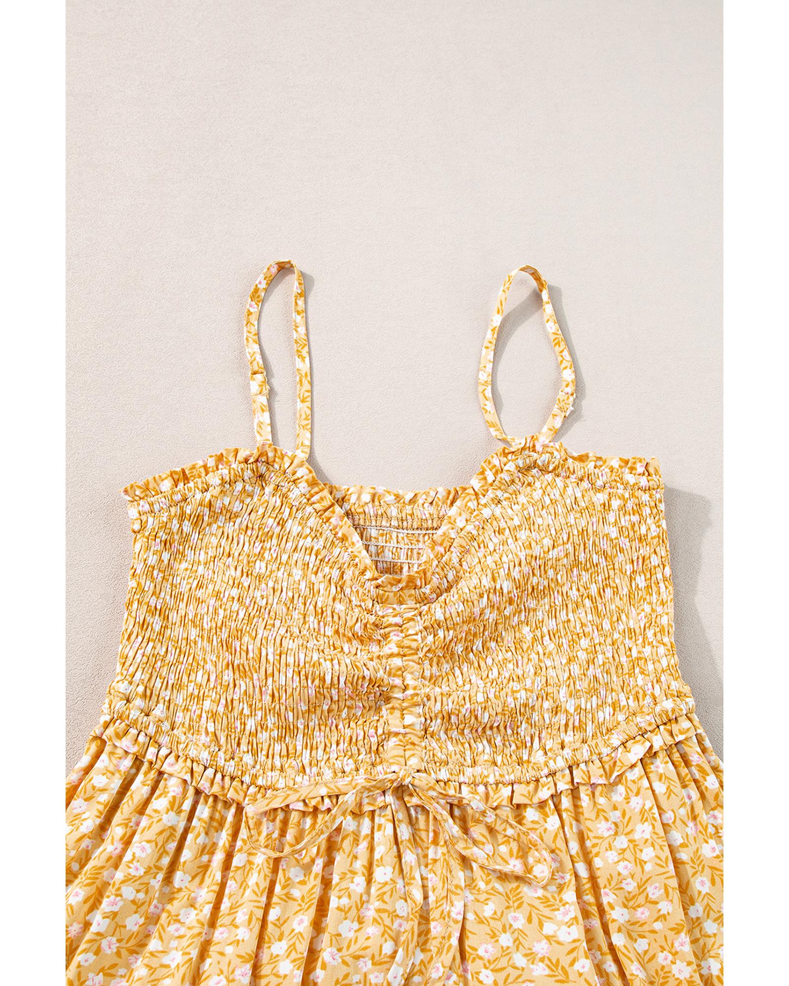 Yellow Frilly Smocked High Waist Floral Maxi Dress - M