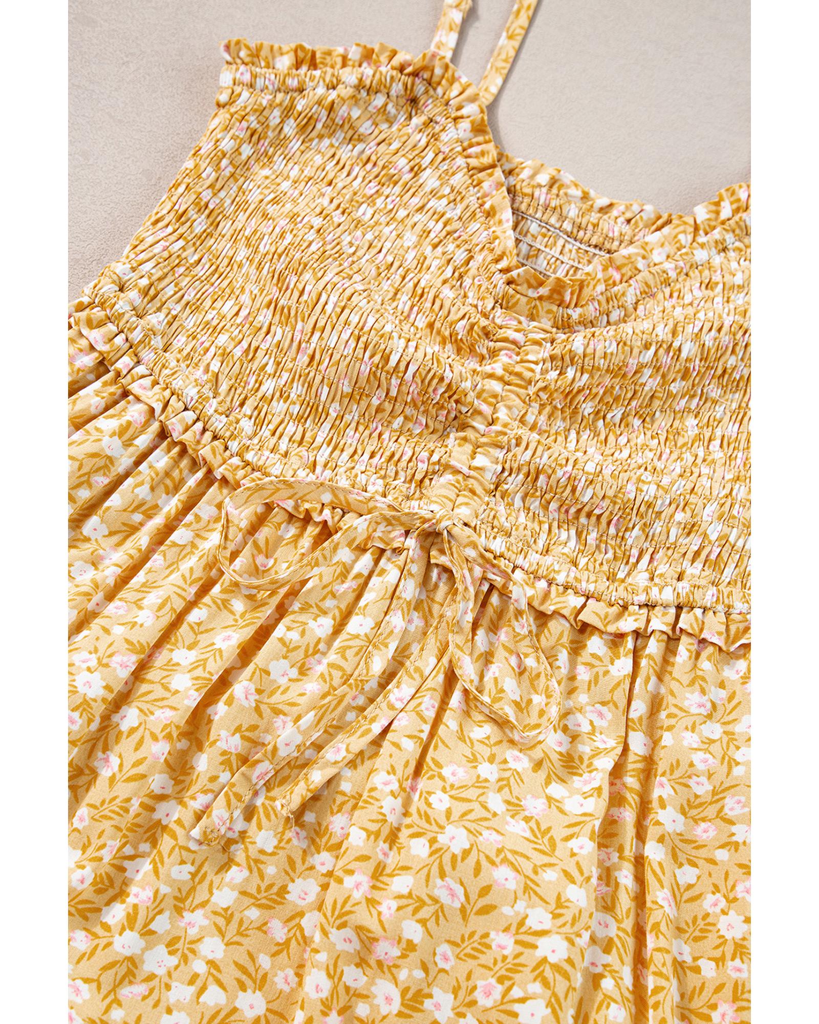 Yellow Frilly Smocked High Waist Floral Maxi Dress - M