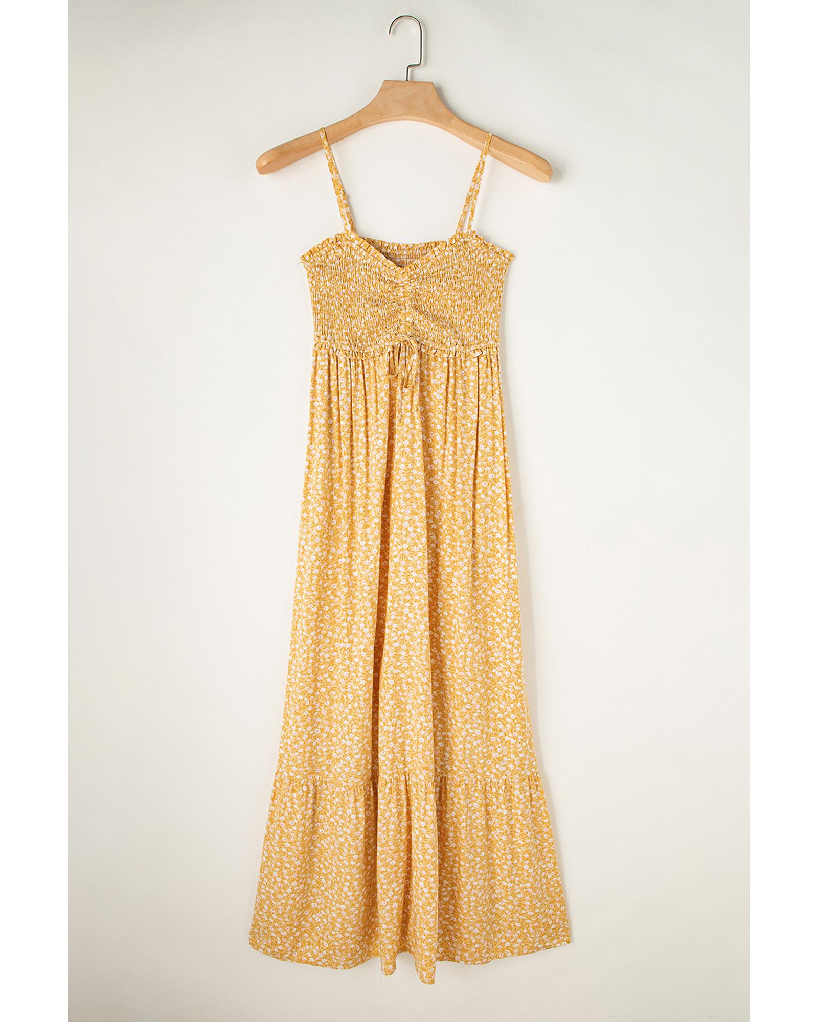 Yellow Frilly Smocked High Waist Floral Maxi Dress - M