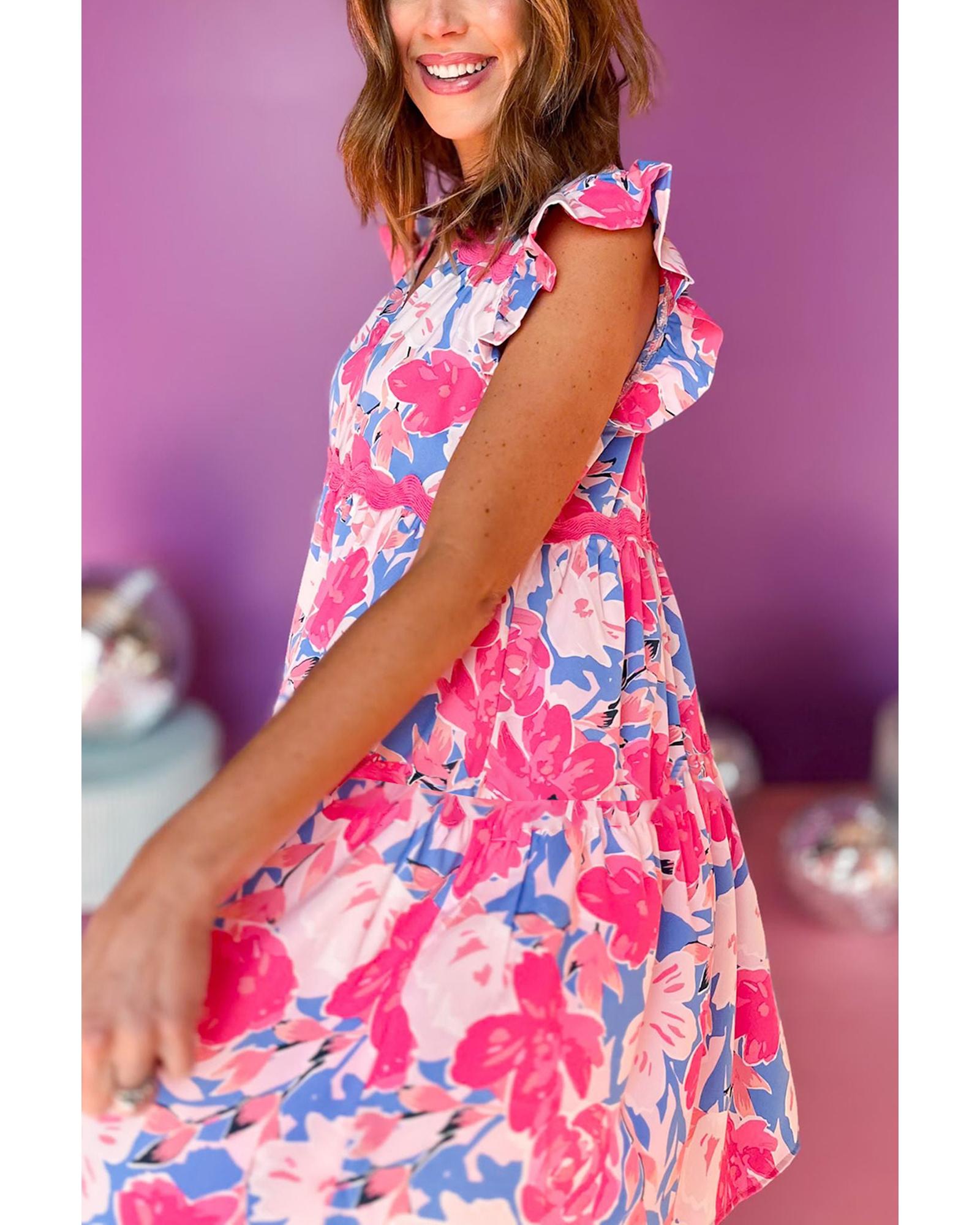 Pink Floral Printed V Notched Ric Rac Flutter Sleeve Dress - L