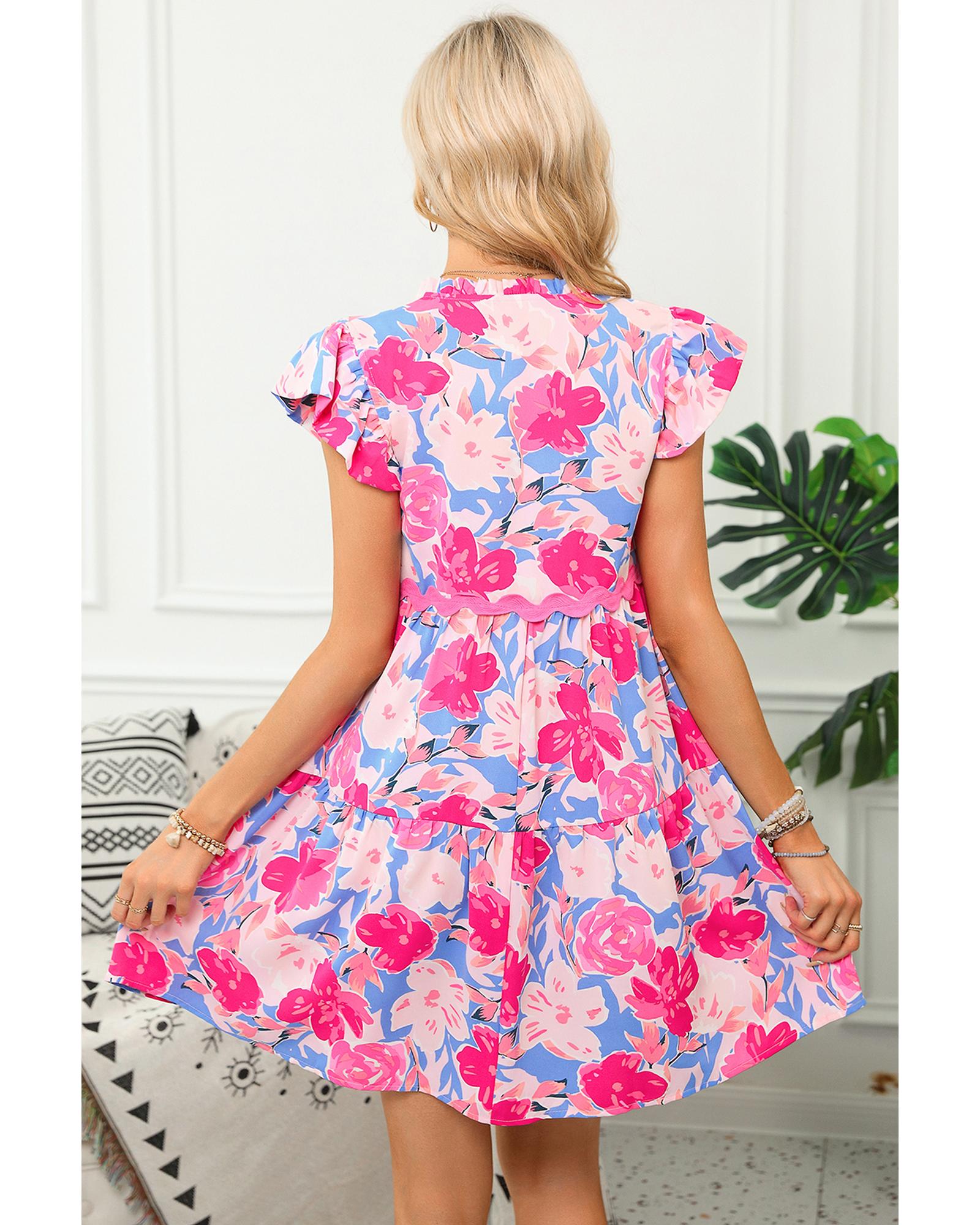 Pink Floral Printed V Notched Ric Rac Flutter Sleeve Dress - L
