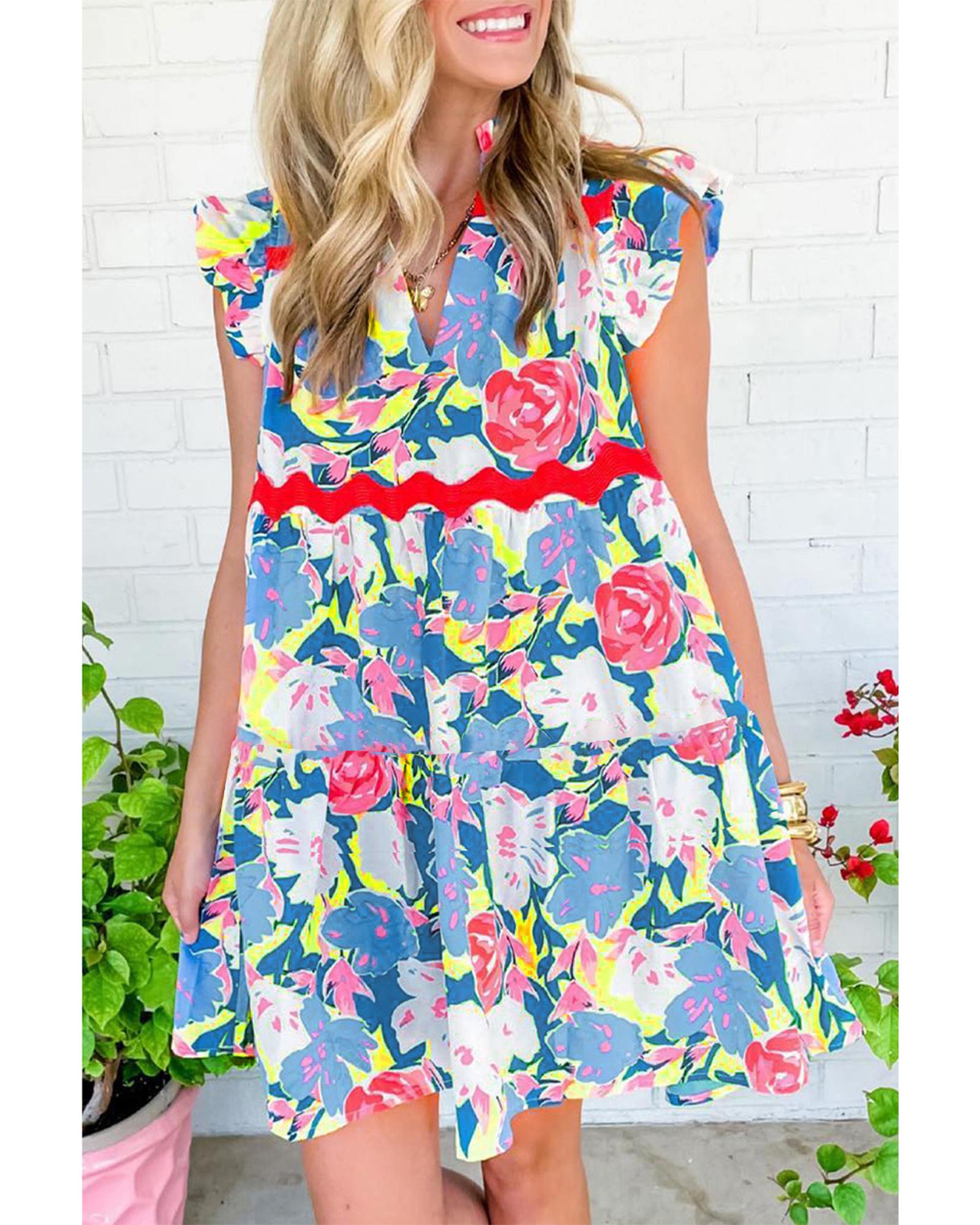 Sky Blue Floral Printed V Notched Ric Rac Flutter Sleeve Dress - L