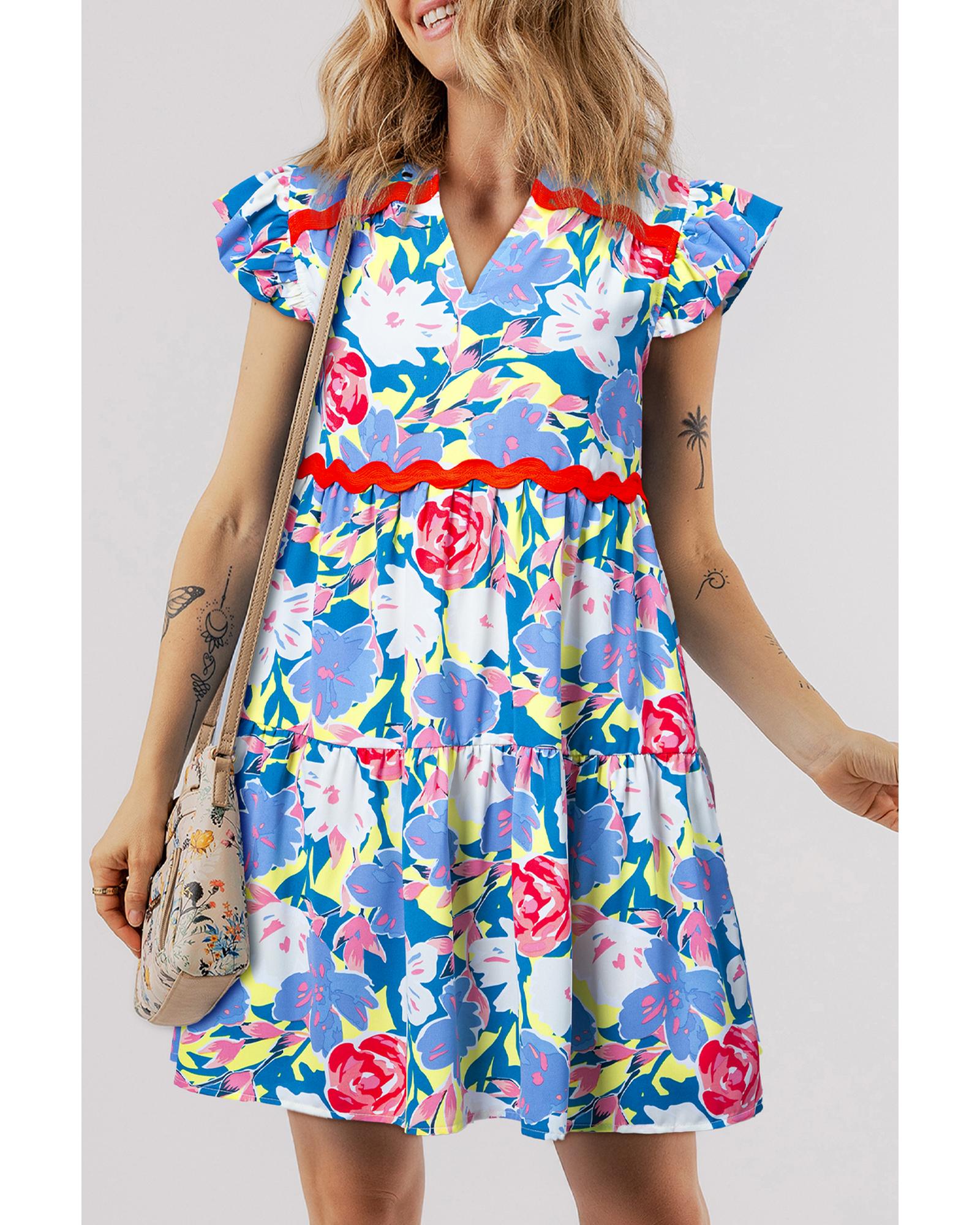 Sky Blue Floral Printed V Notched Ric Rac Flutter Sleeve Dress - L