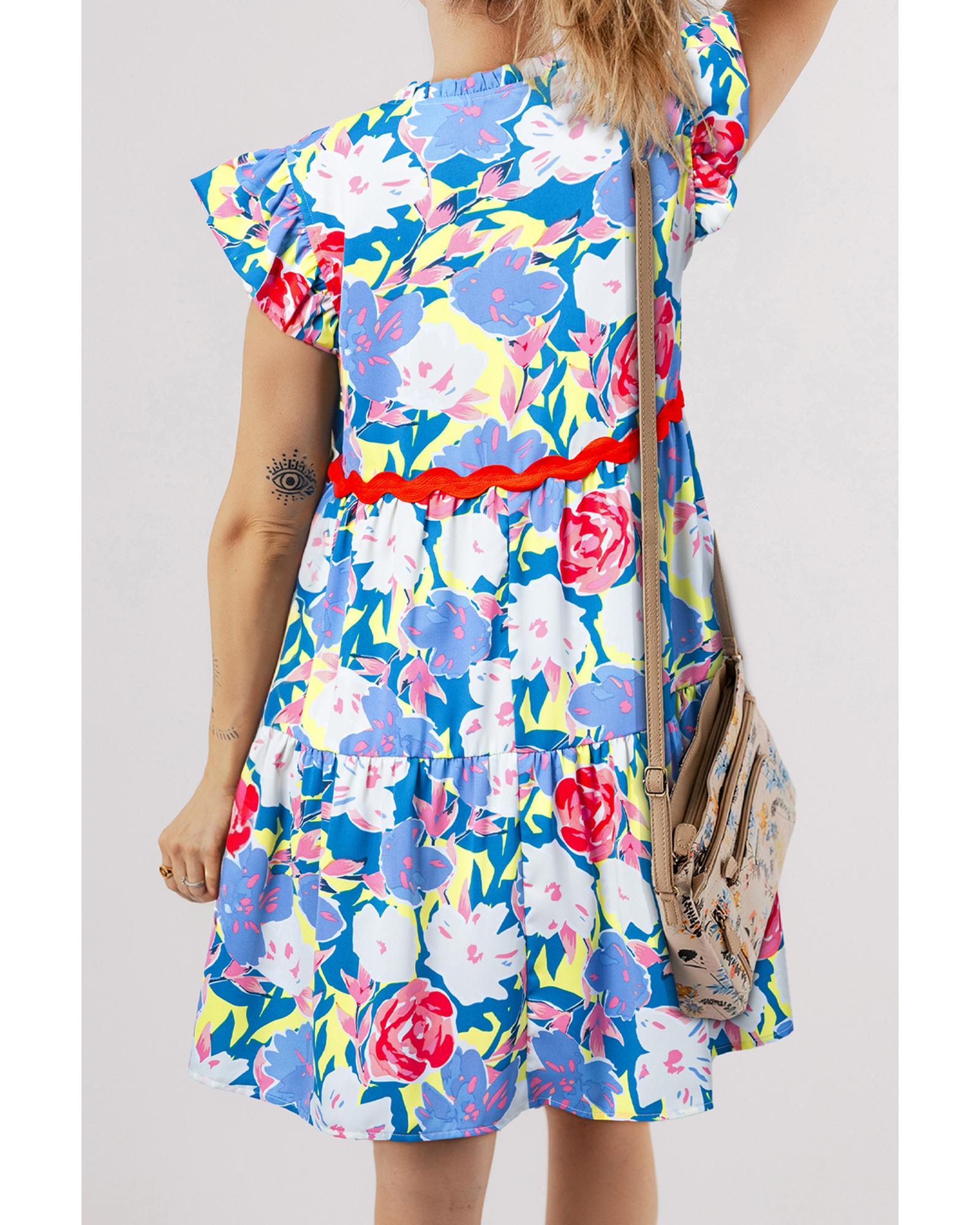 Sky Blue Floral Printed V Notched Ric Rac Flutter Sleeve Dress - M