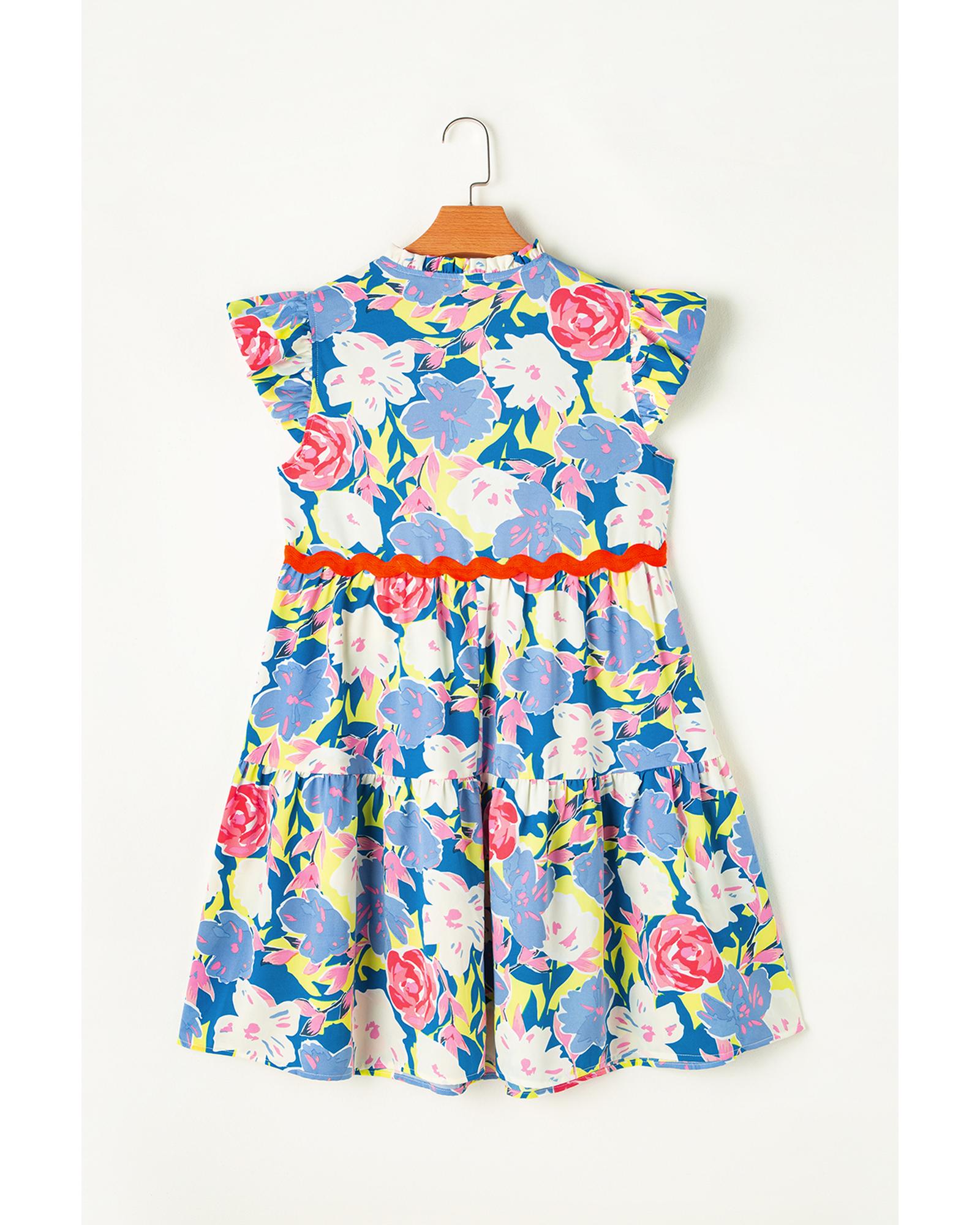 Sky Blue Floral Printed V Notched Ric Rac Flutter Sleeve Dress - M