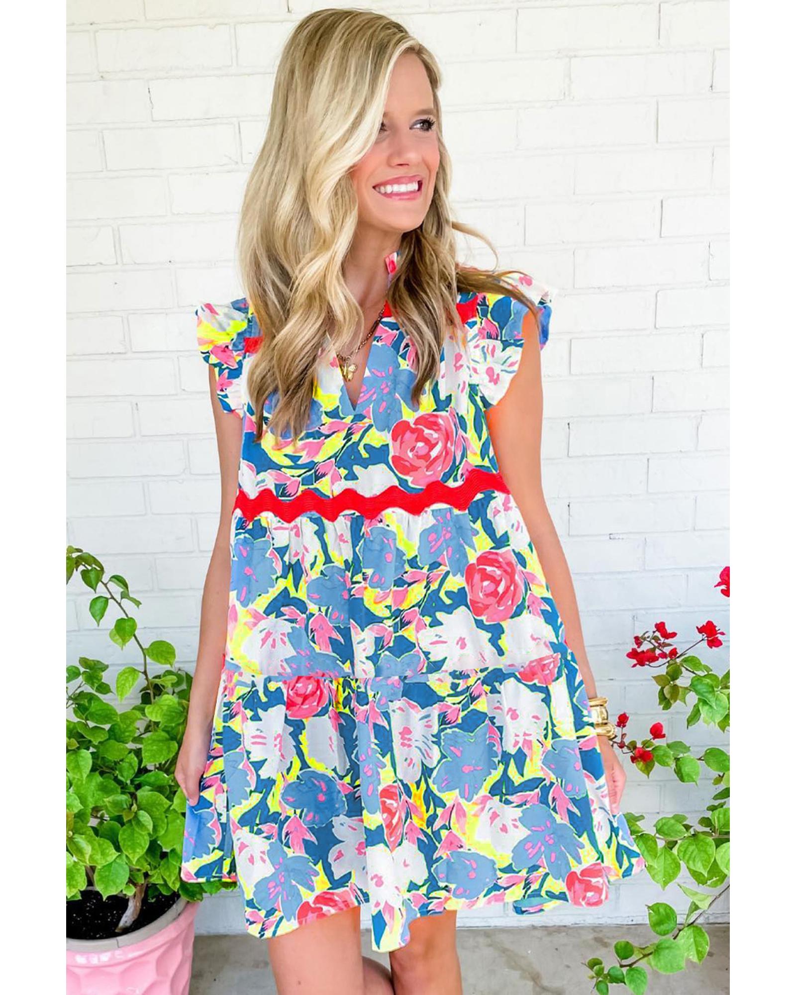 Sky Blue Floral Printed V Notched Ric Rac Flutter Sleeve Dress - S