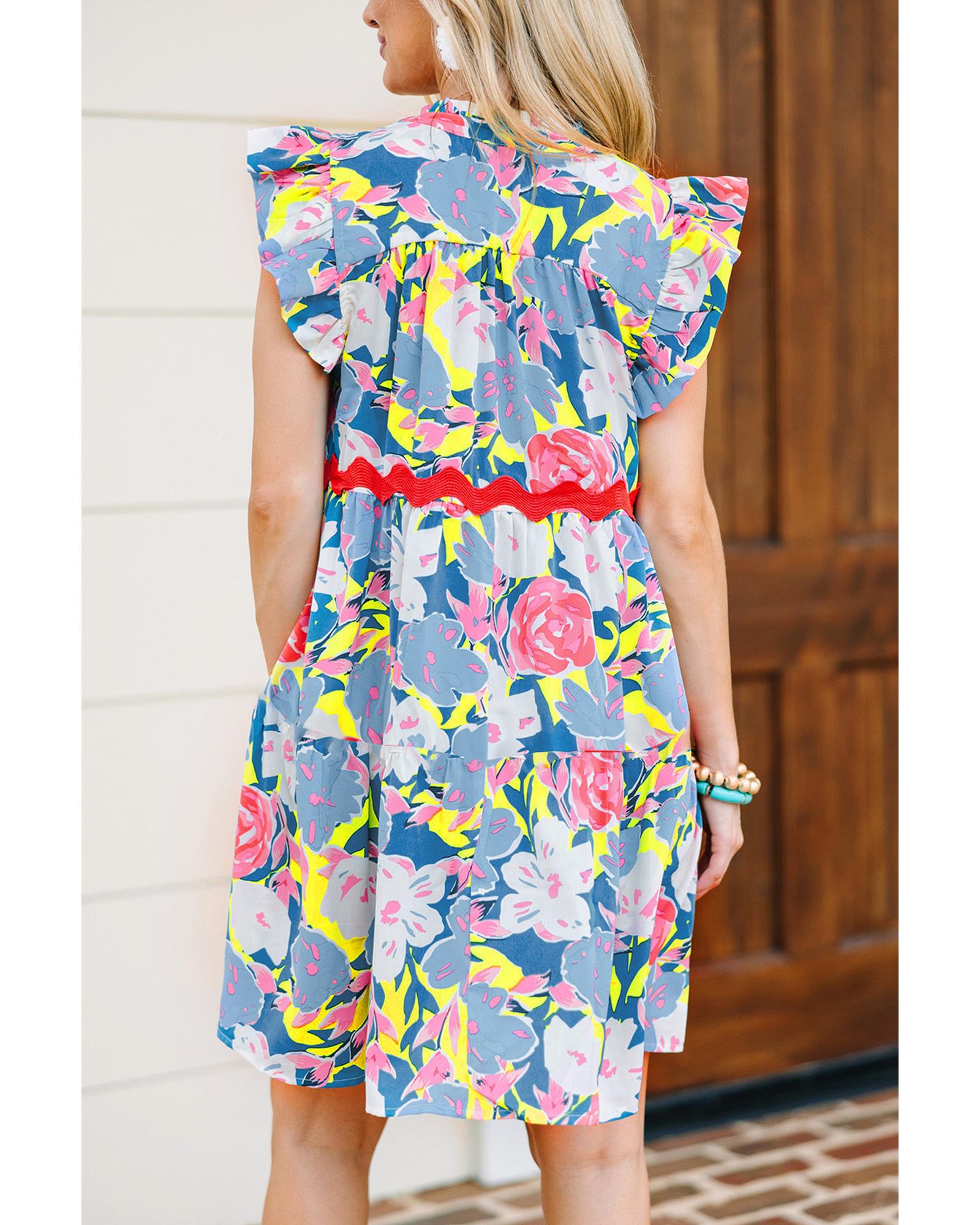Sky Blue Floral Printed V Notched Ric Rac Flutter Sleeve Dress - XL