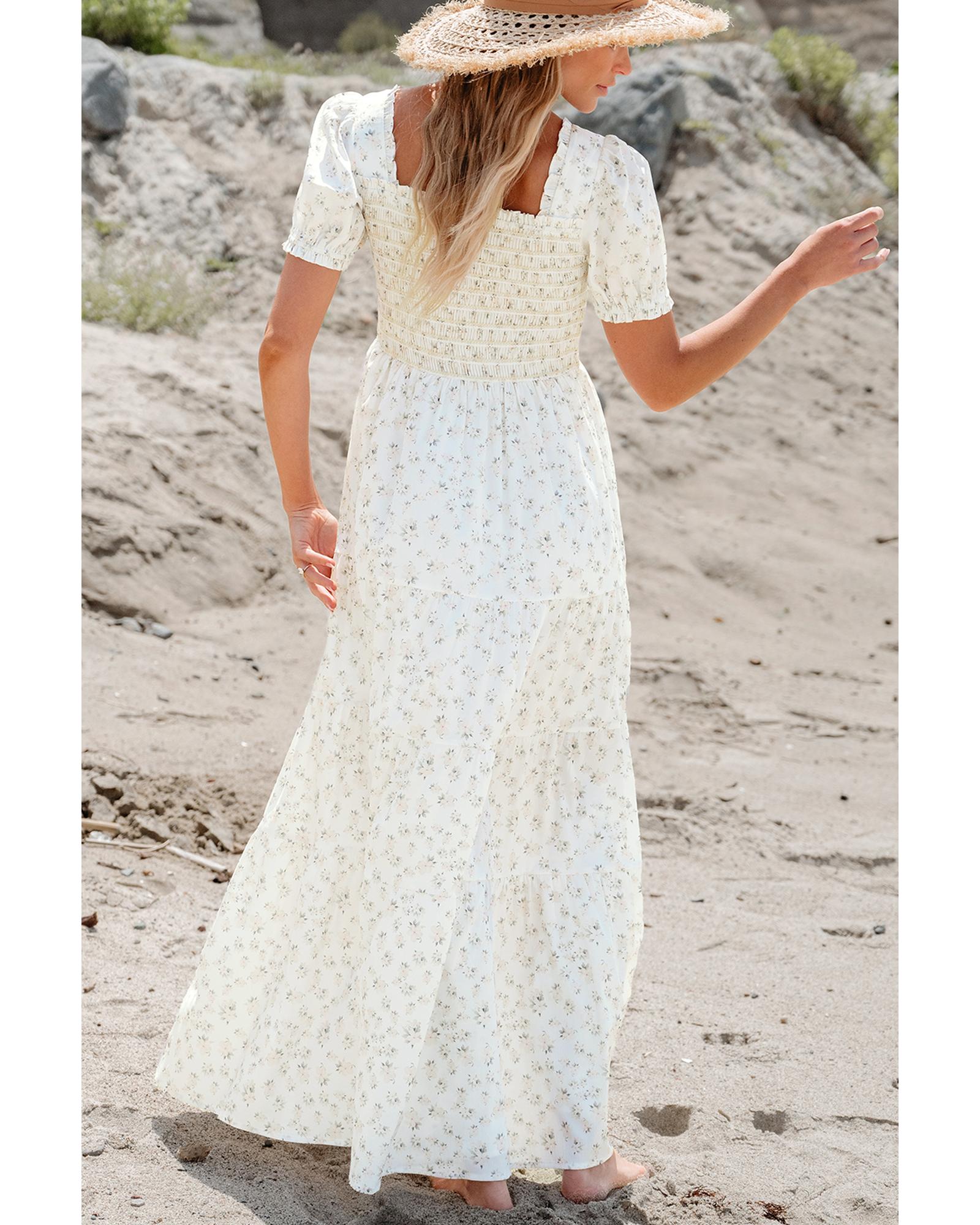 White Frilly Shirred Bodice Tiered Floral Maxi Dress - M