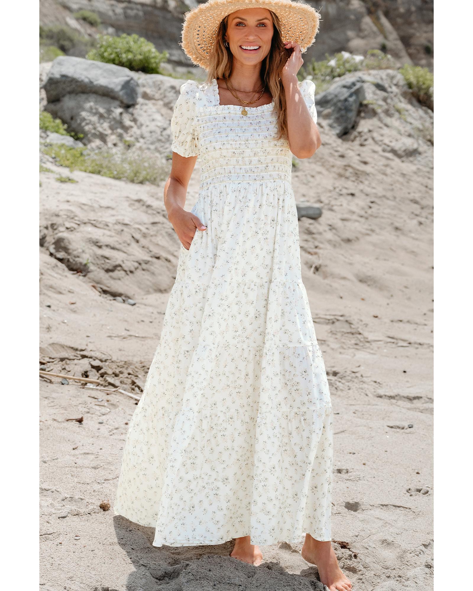 White Frilly Shirred Bodice Tiered Floral Maxi Dress - M