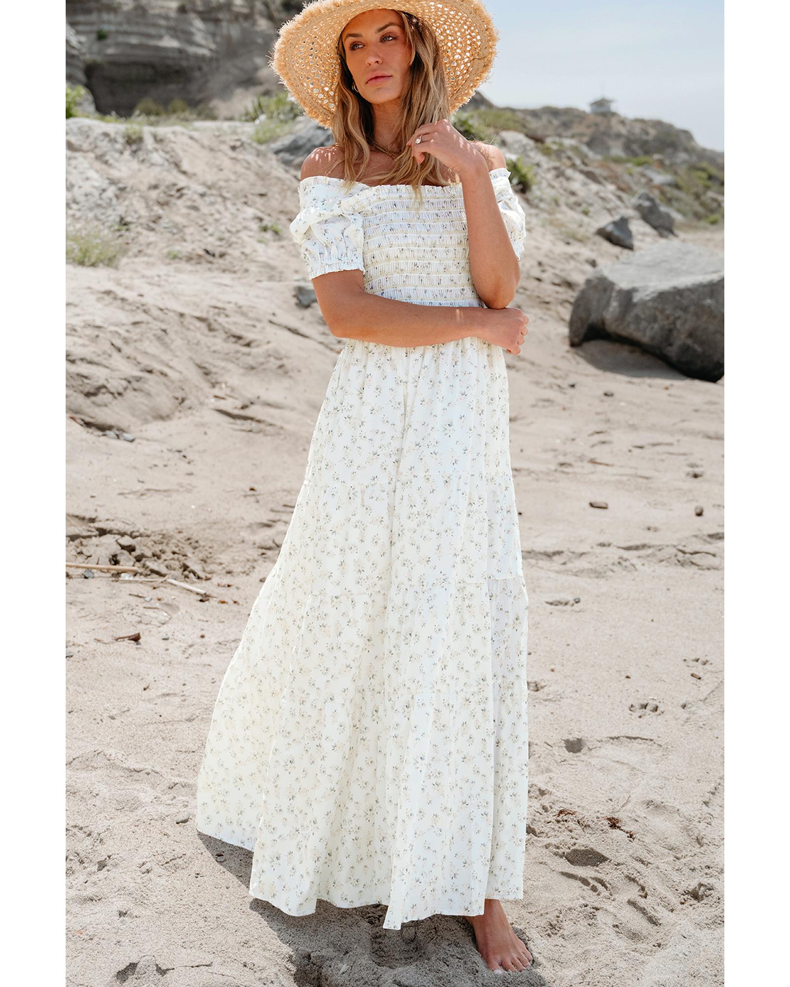 White Frilly Shirred Bodice Tiered Floral Maxi Dress - M