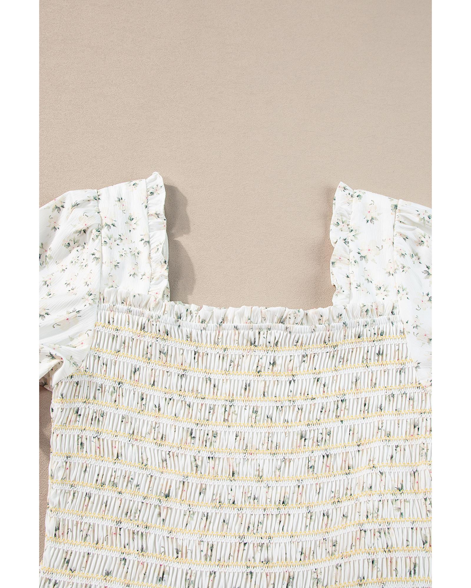 White Frilly Shirred Bodice Tiered Floral Maxi Dress - M