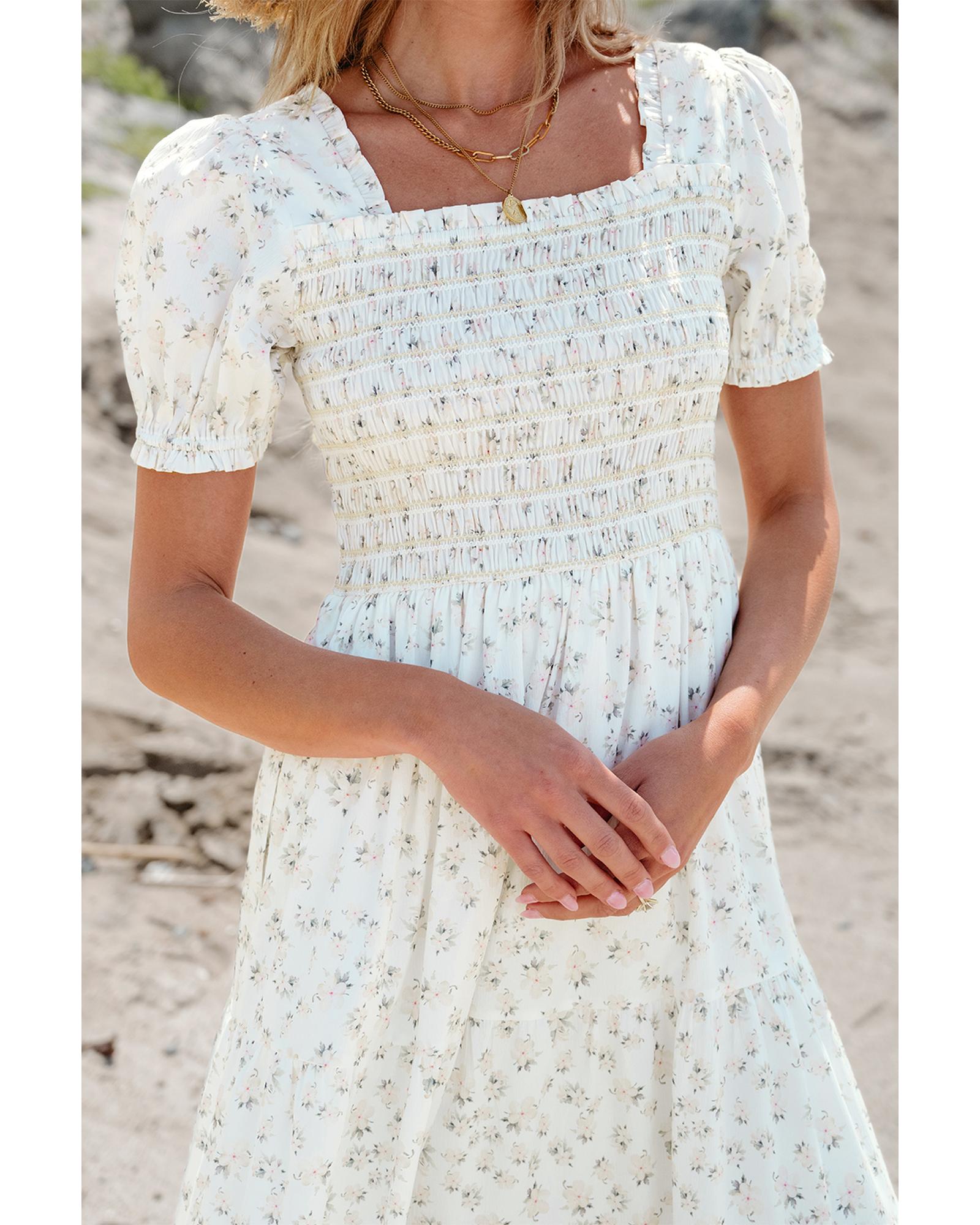 White Frilly Shirred Bodice Tiered Floral Maxi Dress - M