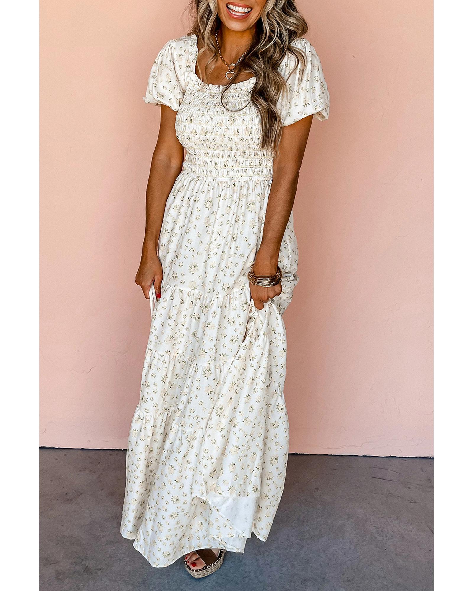 White Frilly Shirred Bodice Tiered Floral Maxi Dress - M