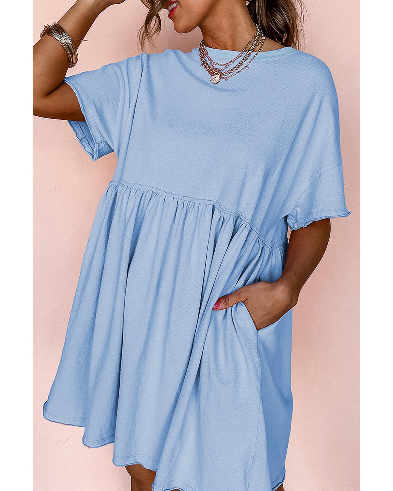 Sky Blue Solid Color Pocketed Raw Edge Babydoll Dress - S